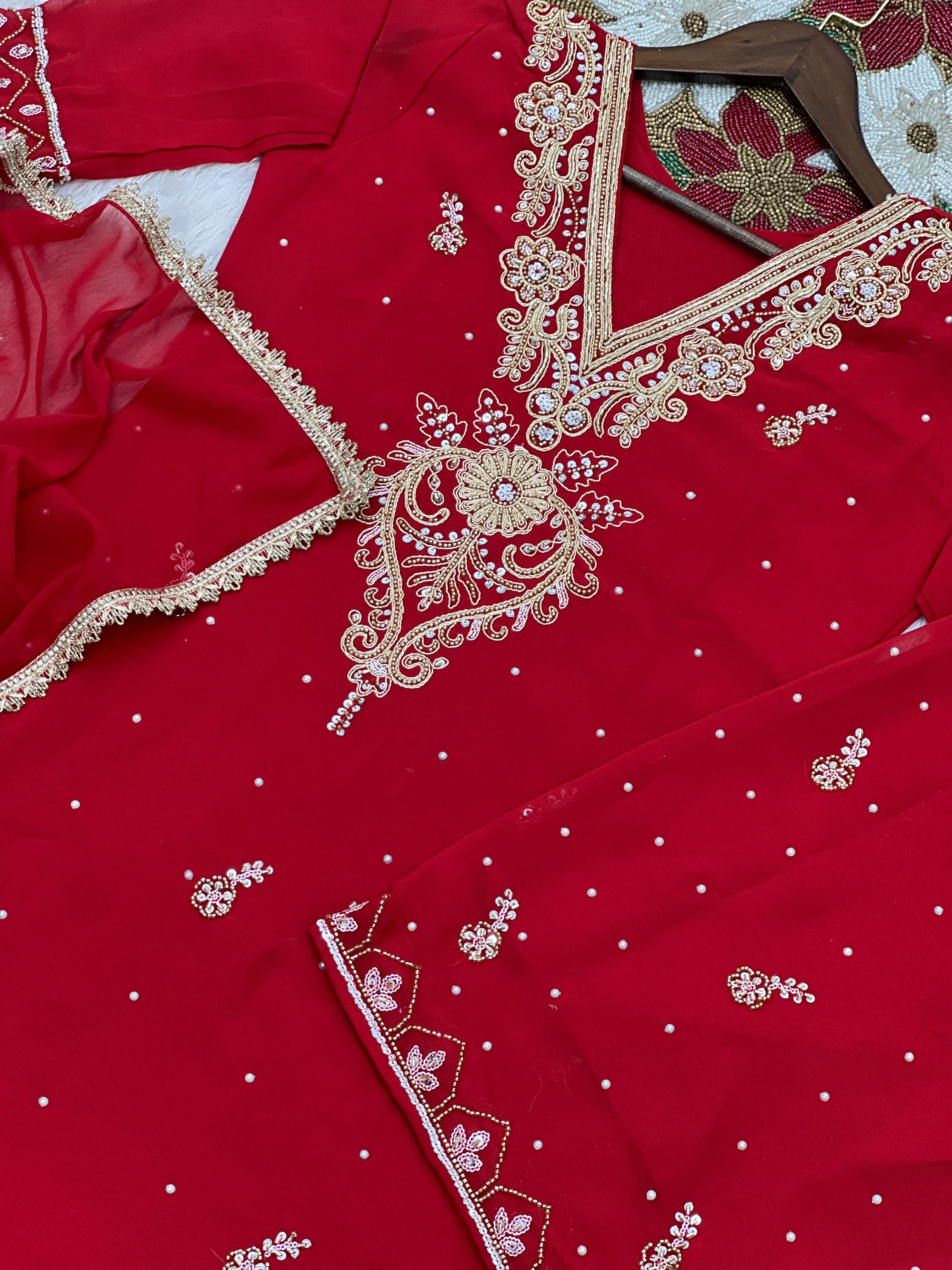 Lovely Red Georgette Embroidery Palazzo Suit