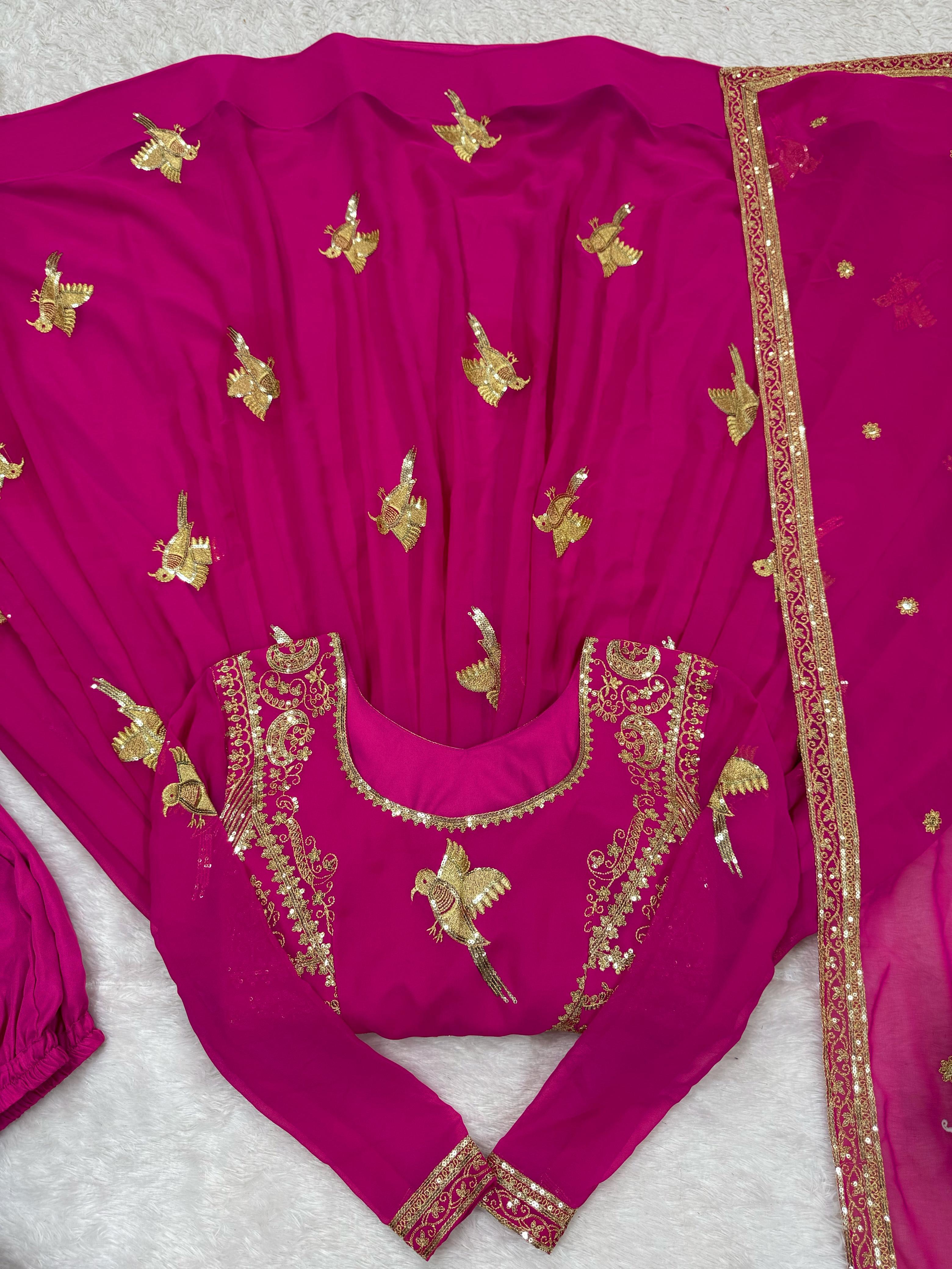 Glorious Pink Georgette Thread Work Gown