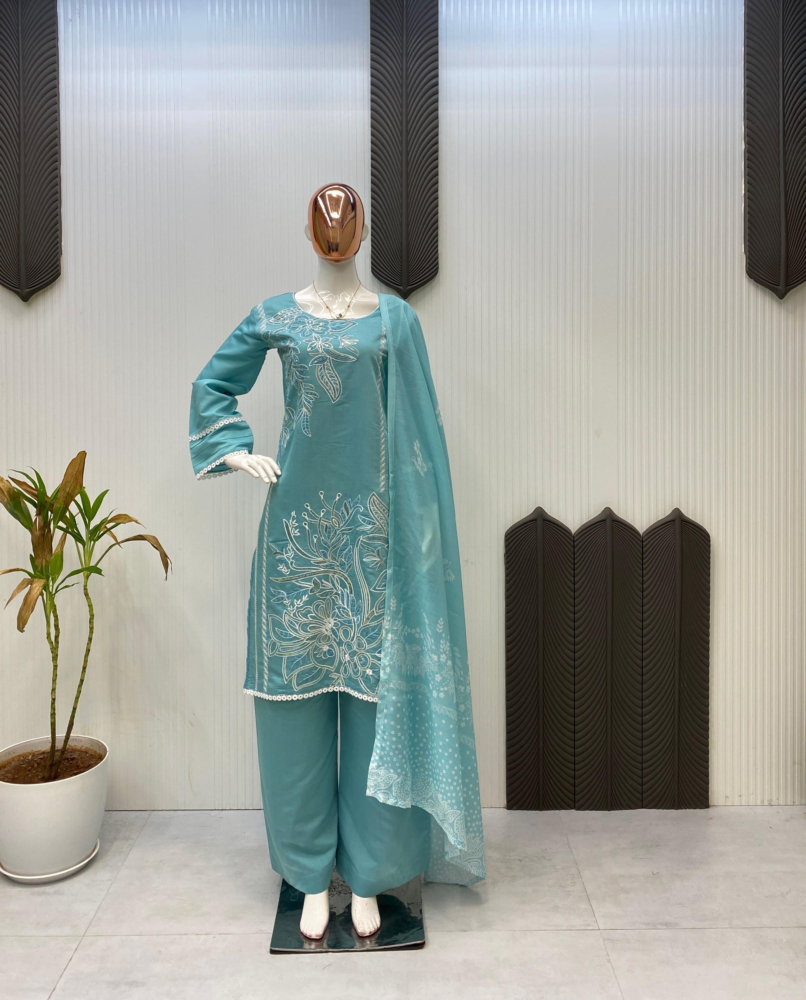Ravishing Sky Blue Roman Silk Sequence Work Straight Salwar Suit