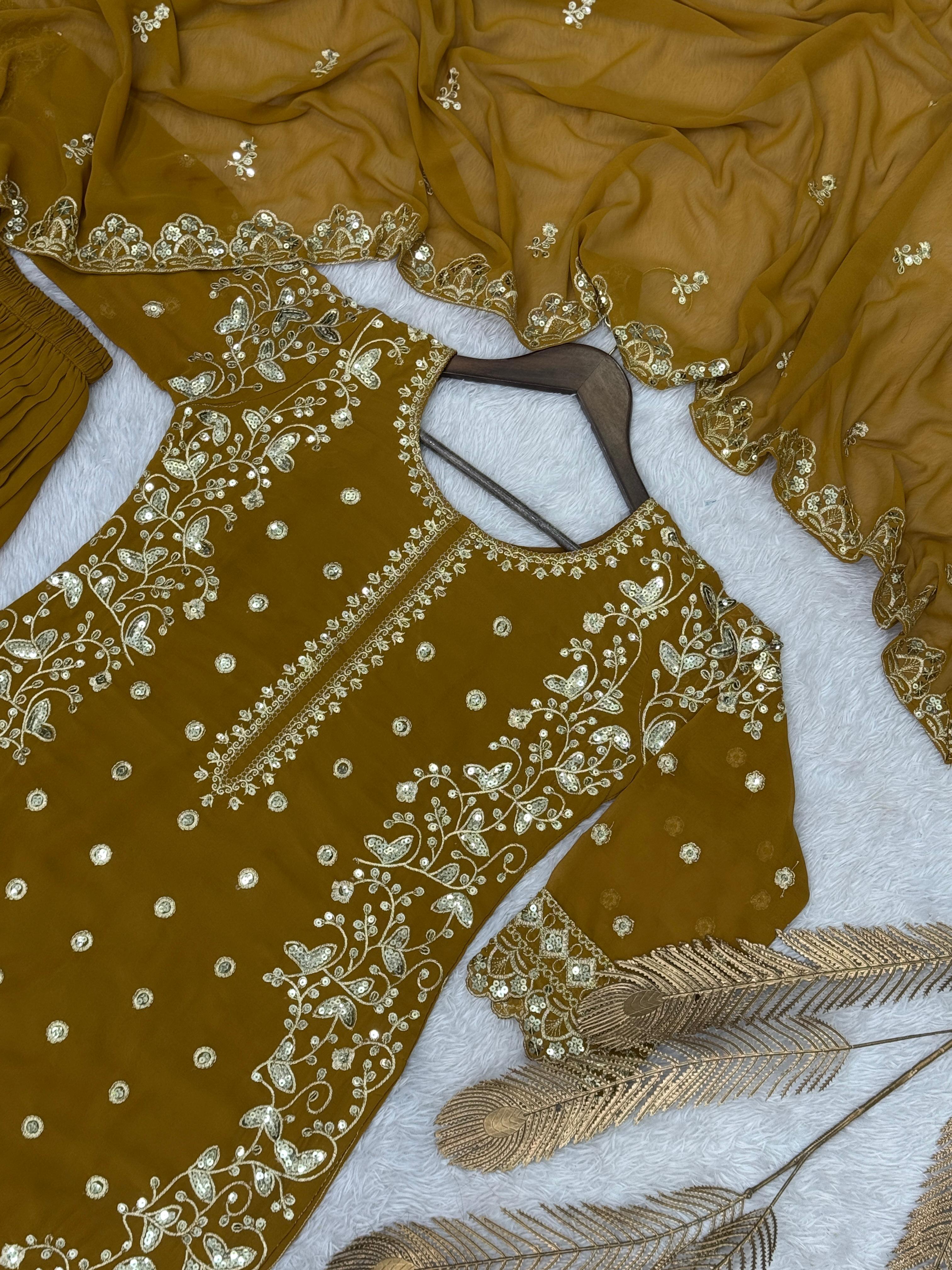Lovely Mustard Color Georgette Sequence Work Sharara Suit