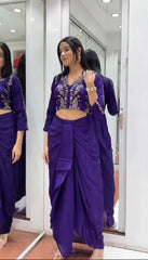 Stylish Purple Chinon Silk Embroidery Dhoti Suit