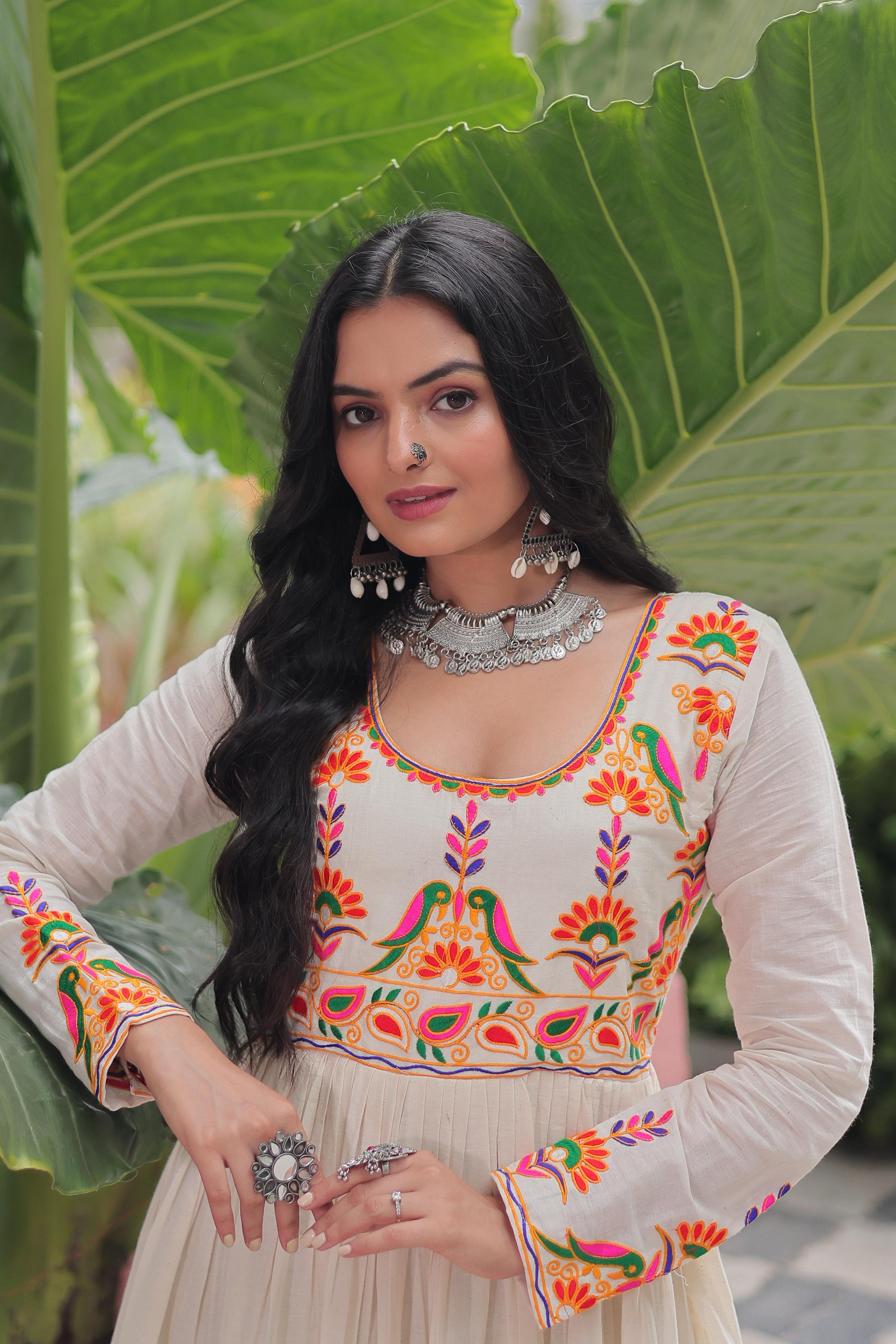 Navratri Wear Trendy White Cotton Embroidered Gown