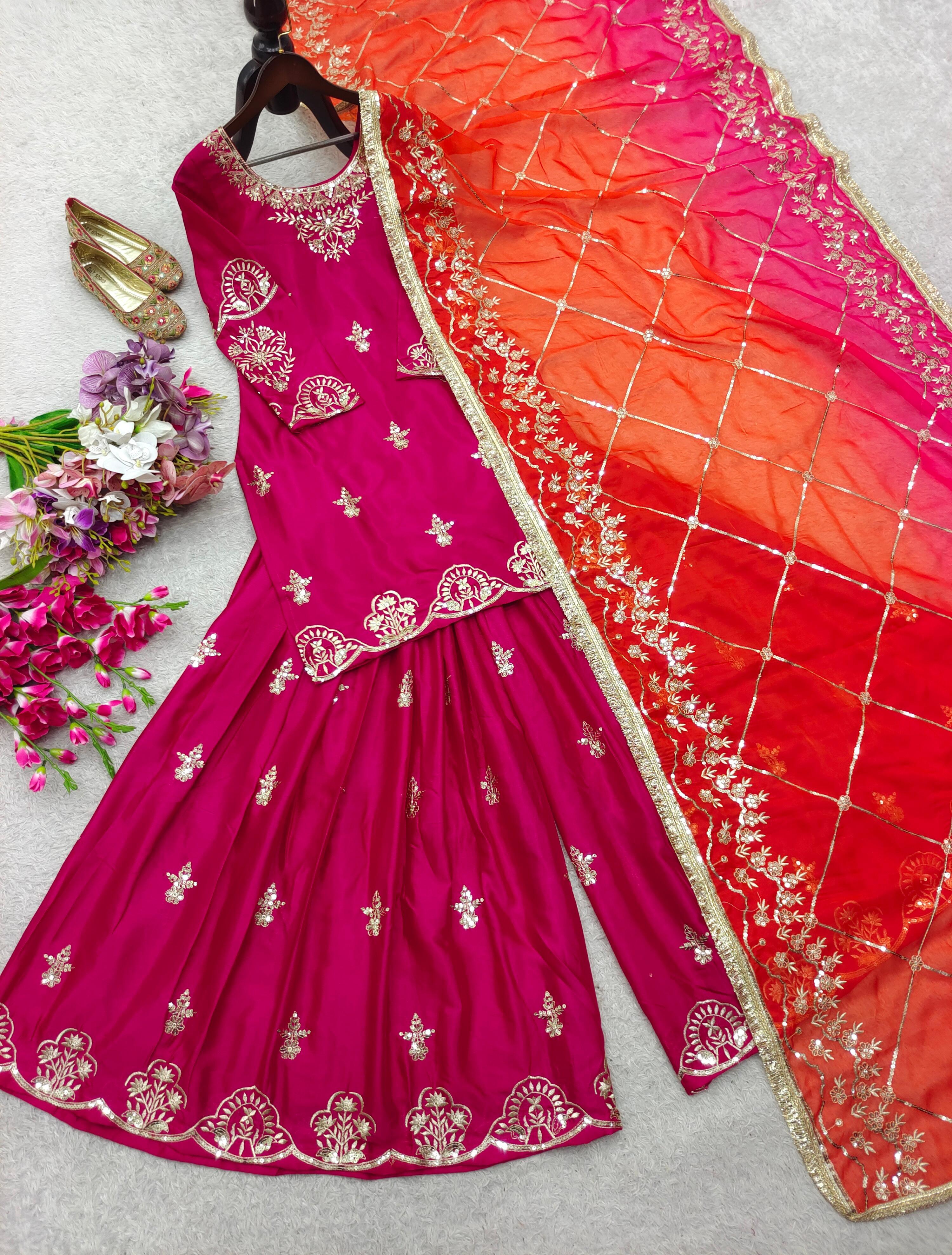 Lovely Pink Cinon Silk Sequence Work Sharara Suit