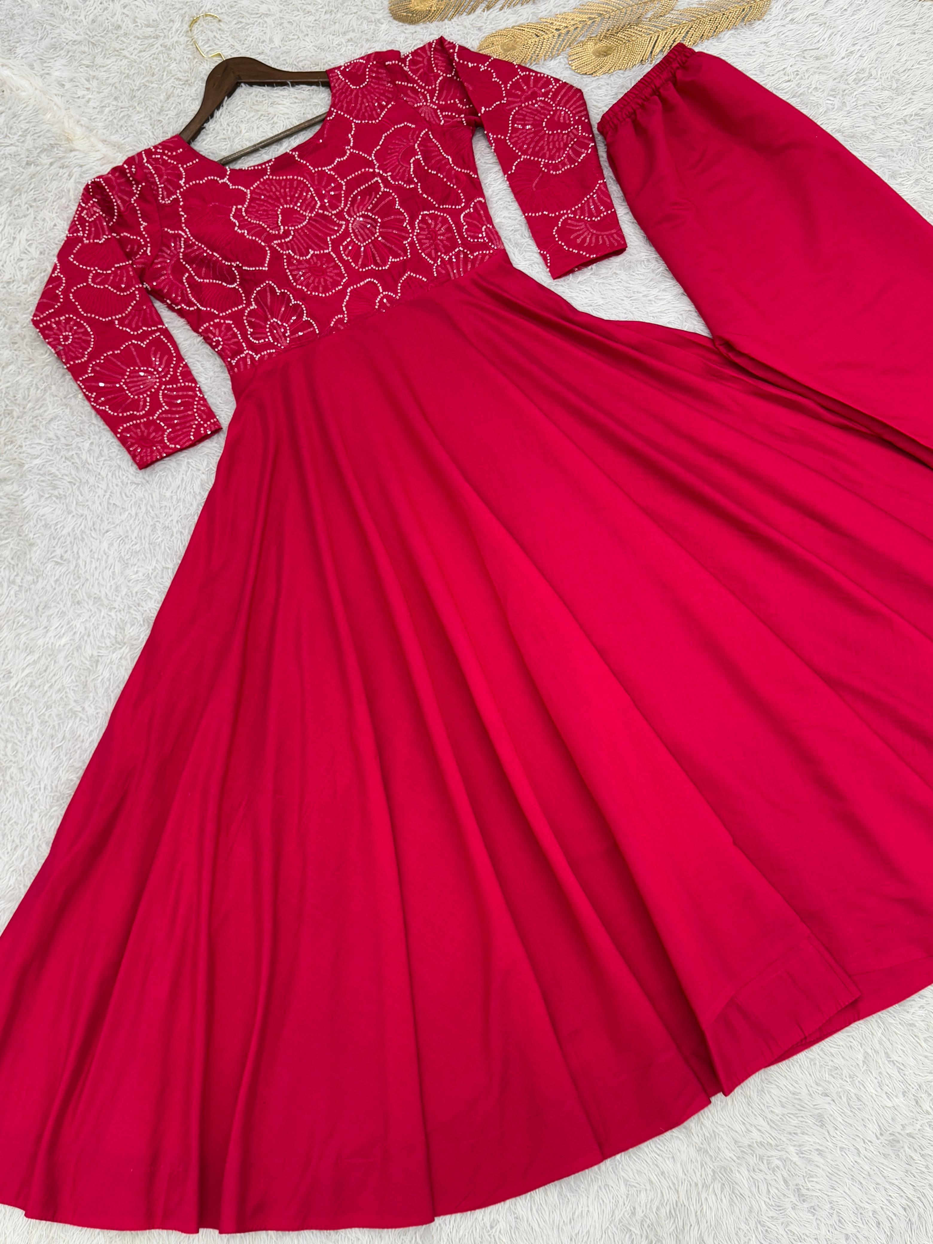 Gorgeous Red Roman Silk with Embroidery Work Gown