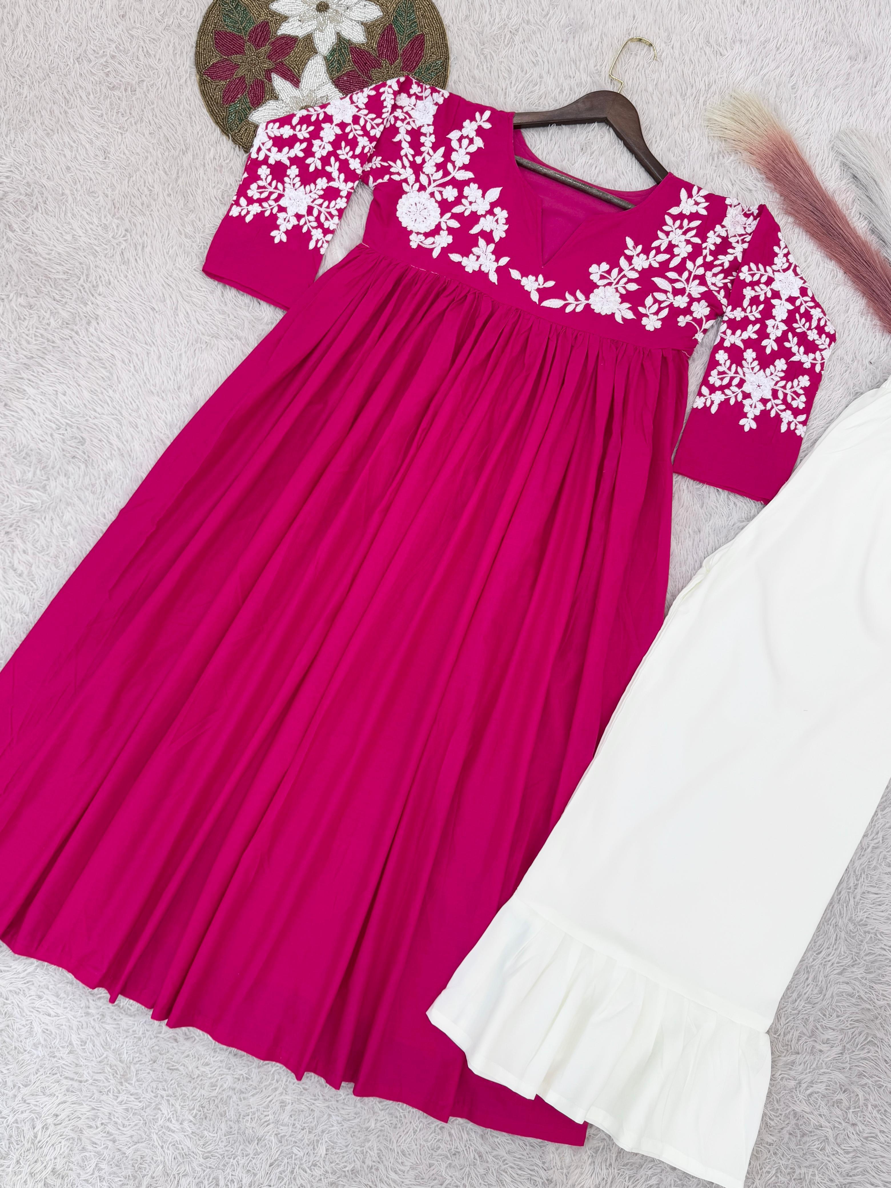 Precious Pink Cotton Embroidery Work Palazzo Suit