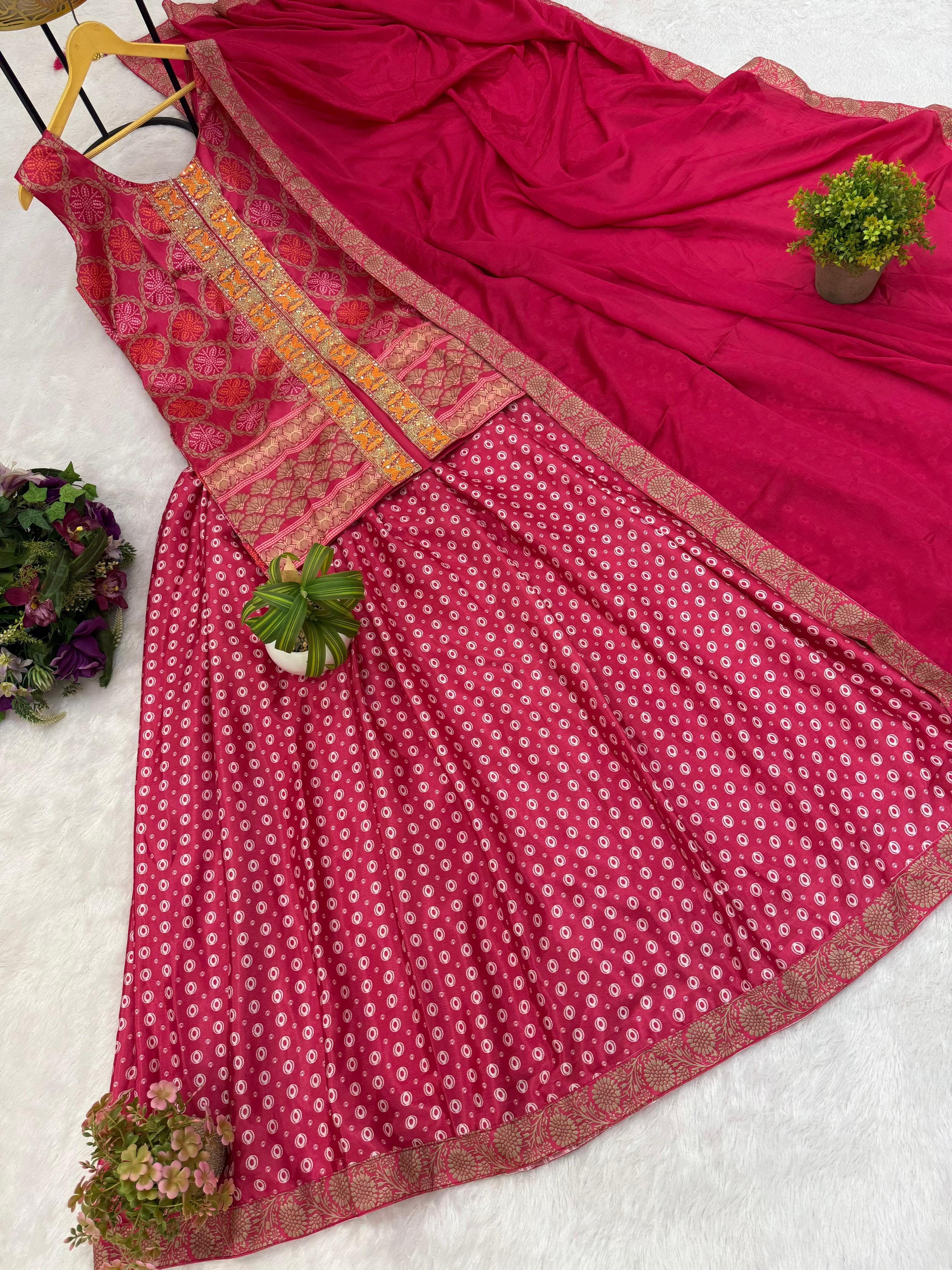 Amazing Red Color Chinon Embroidery Work Top With Lehenga