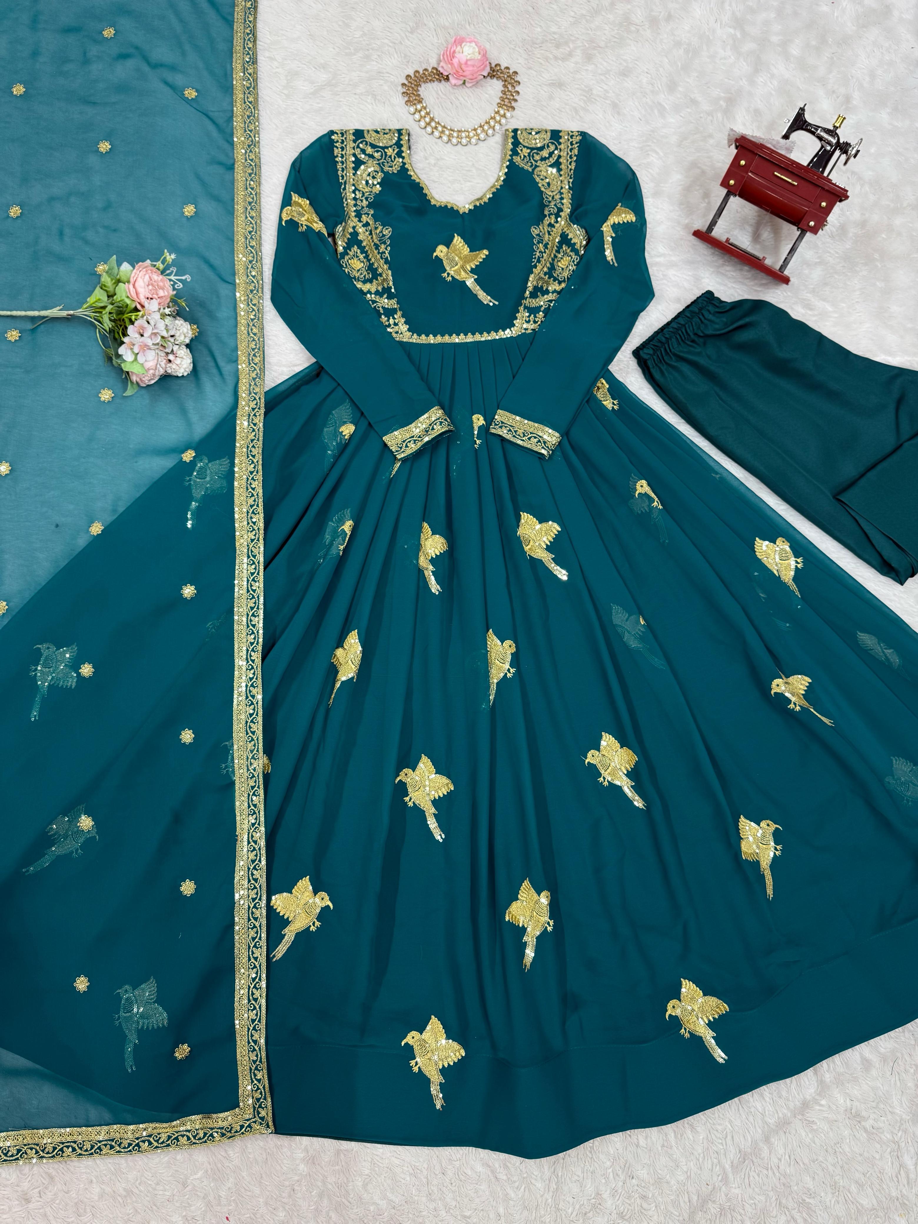 Glorious Pink Georgette Thread Work Gown