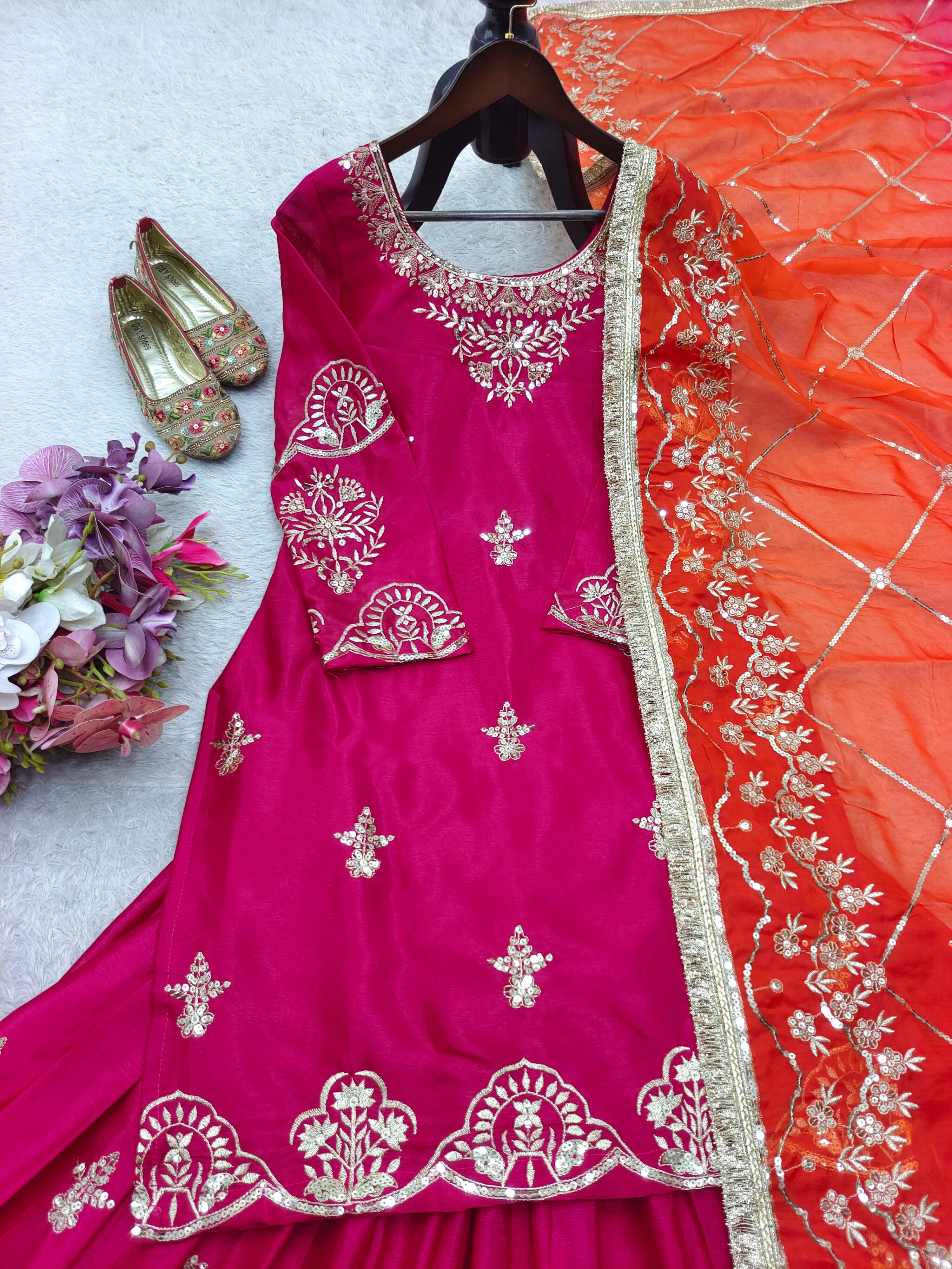 Lovely Pink Cinon Silk Sequence Work Sharara Suit
