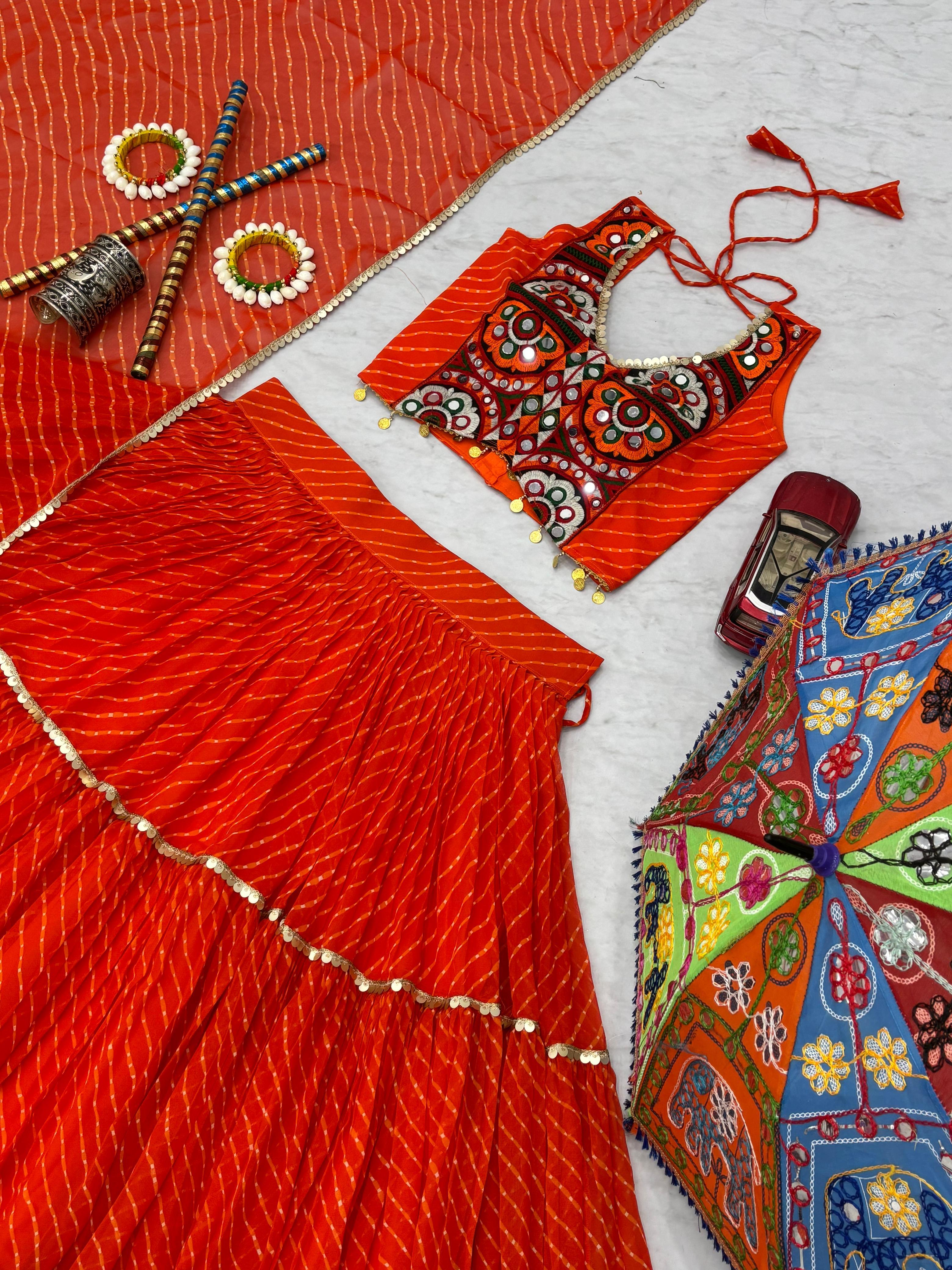 Orange Georgette Print Work Lehenga Choli For Navratri