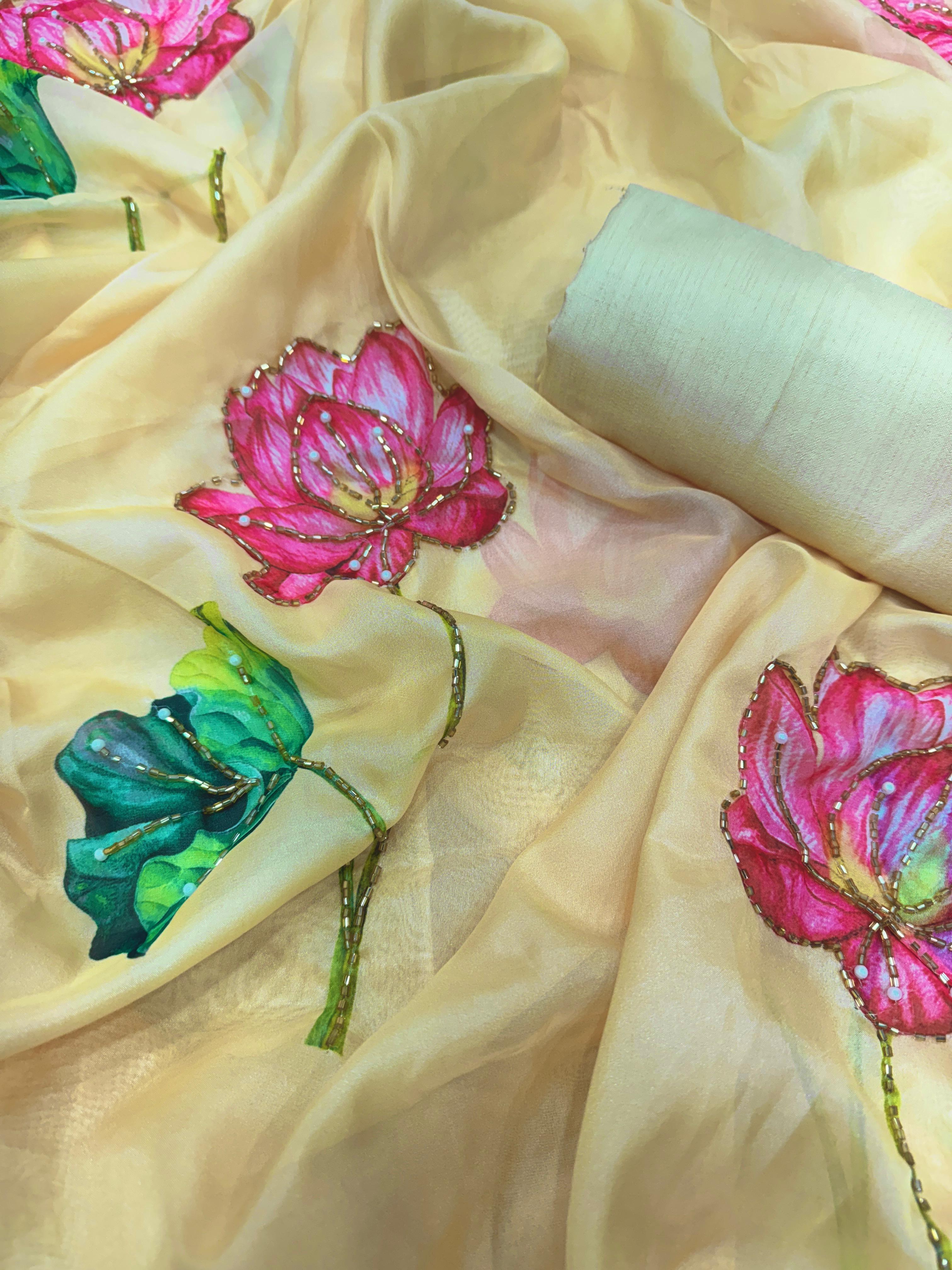 Party Wear Yellow Floral Printed Silk Saree