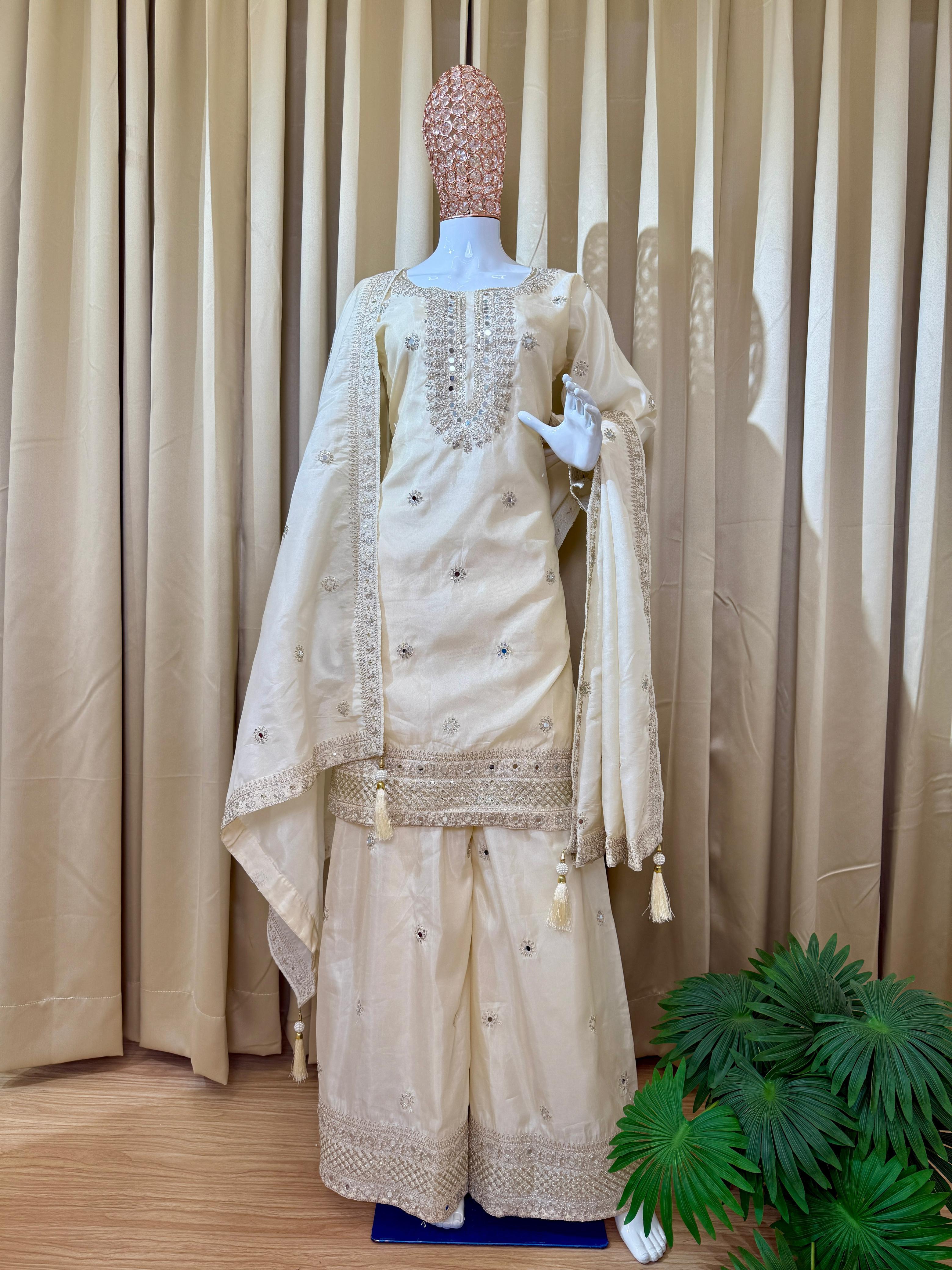Trendy Pink Simmer Embroidery Work Palazzo Suit