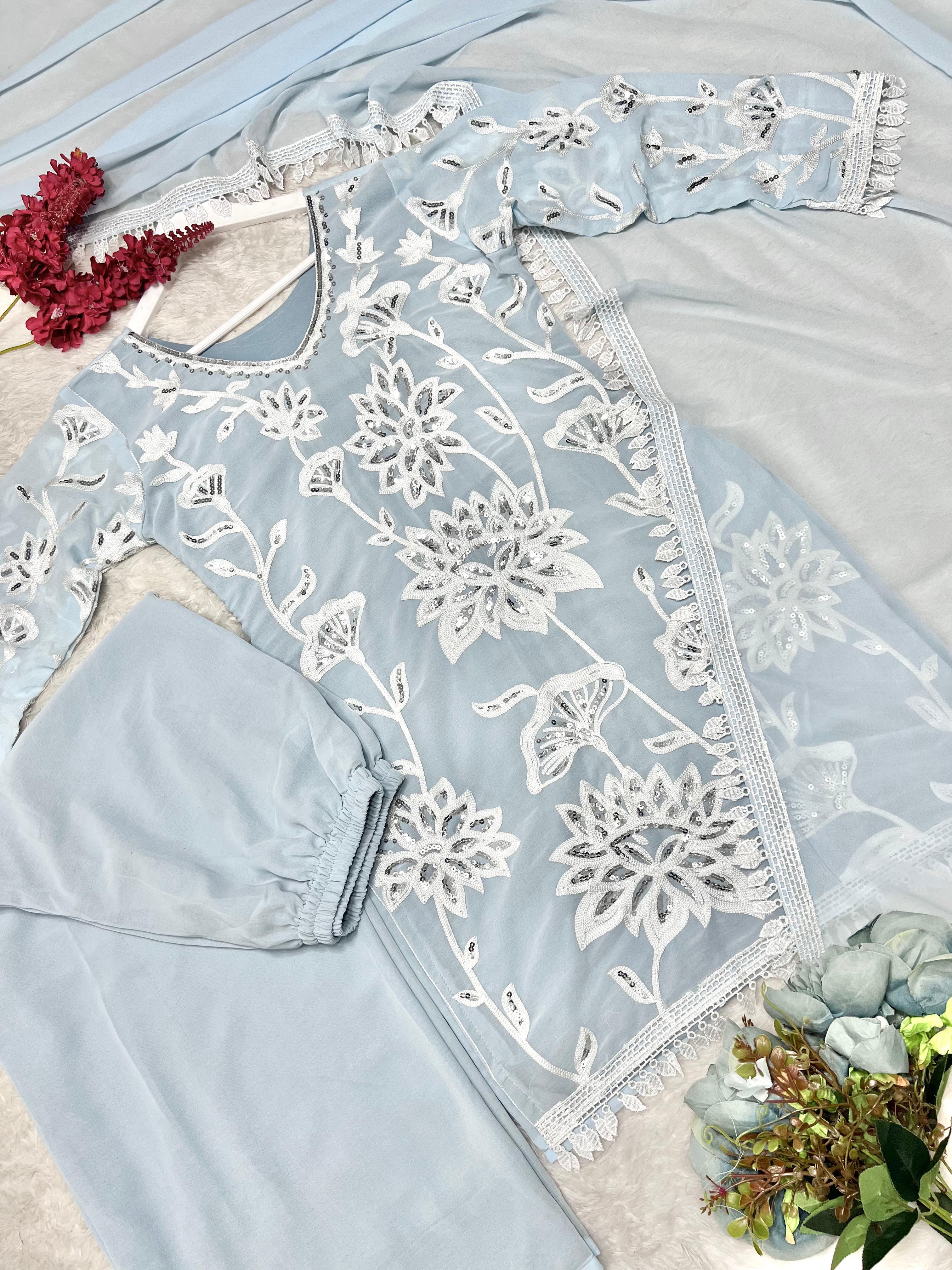 Trendy Sky Blue Georgette Embroidery Palazzo Suit