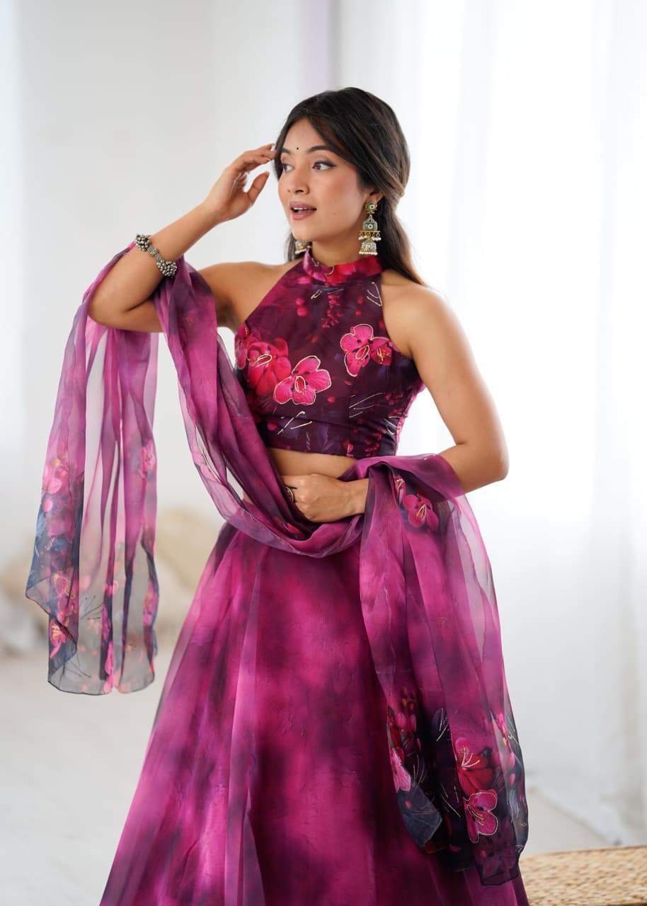 Lovely Pink Color Flower Printed Organza Lehenga Set