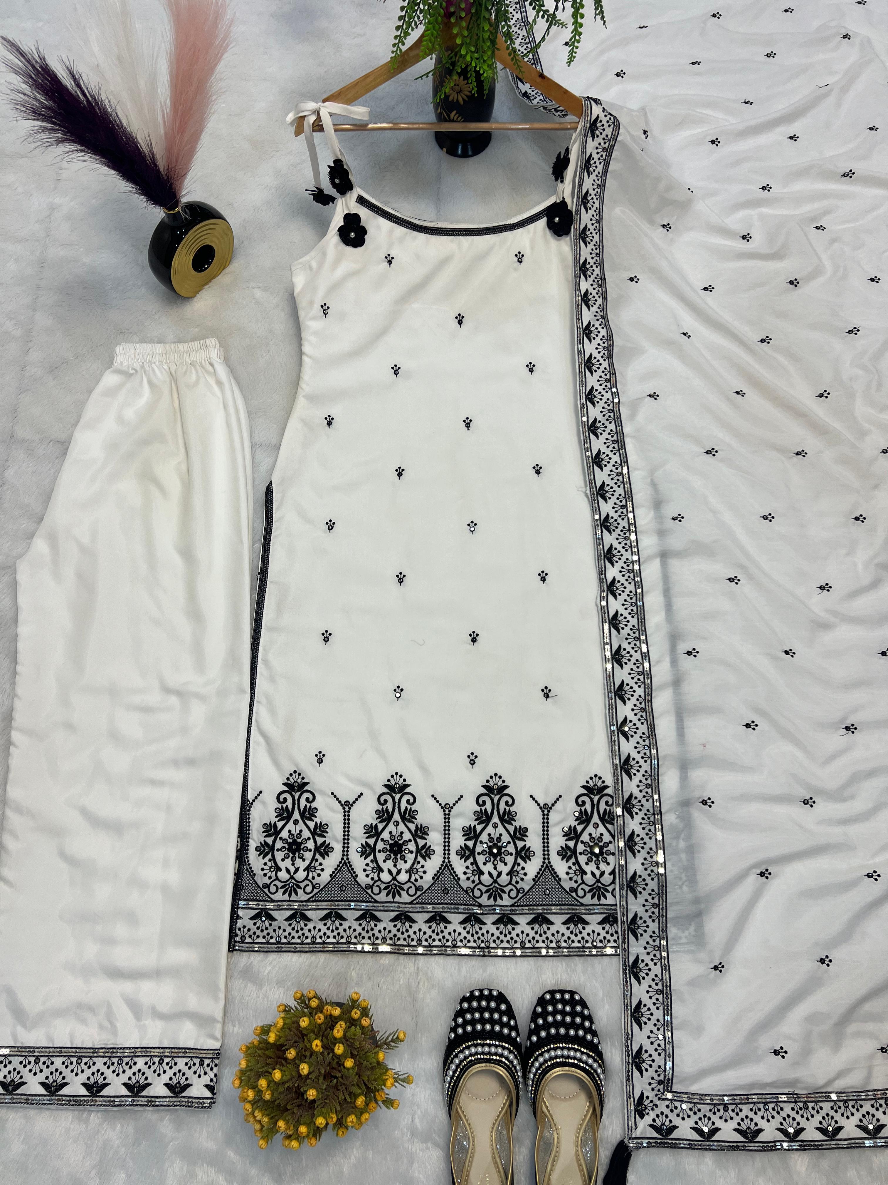Amazing White Cotton Silk Embroidery Palazzo Suit