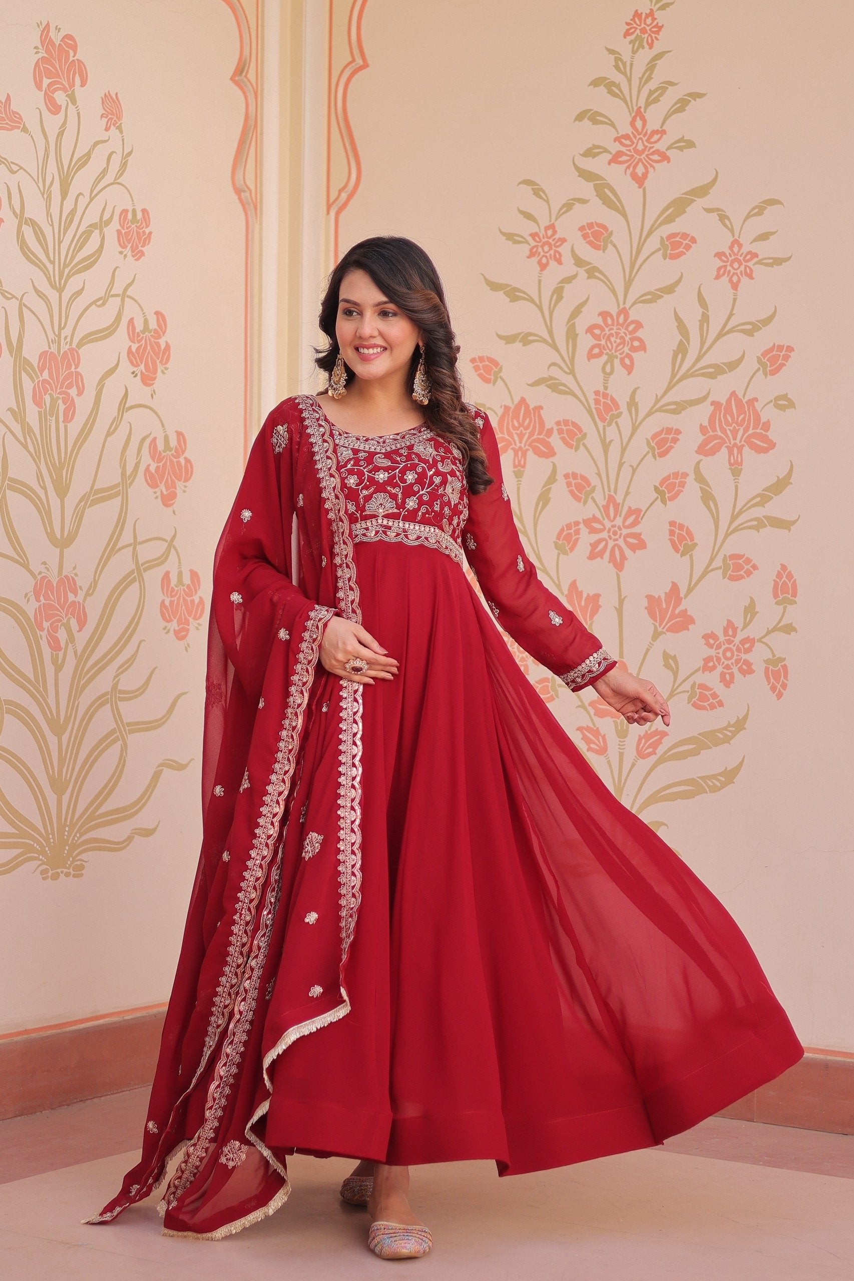 Awesome Red Color Beads With Embroidery Work Gown