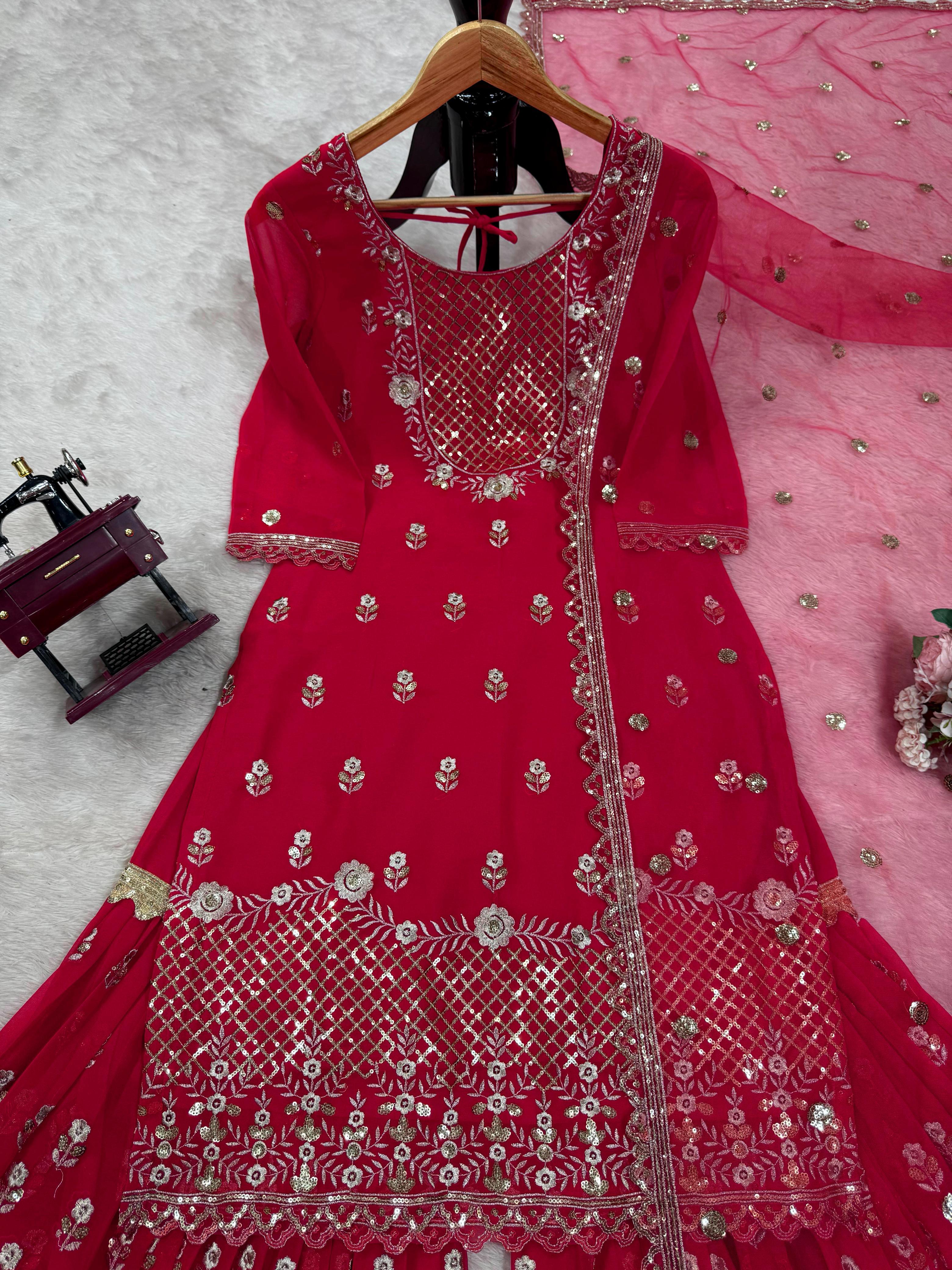 Daisy Red Georgette Thread Work Sharara Suit