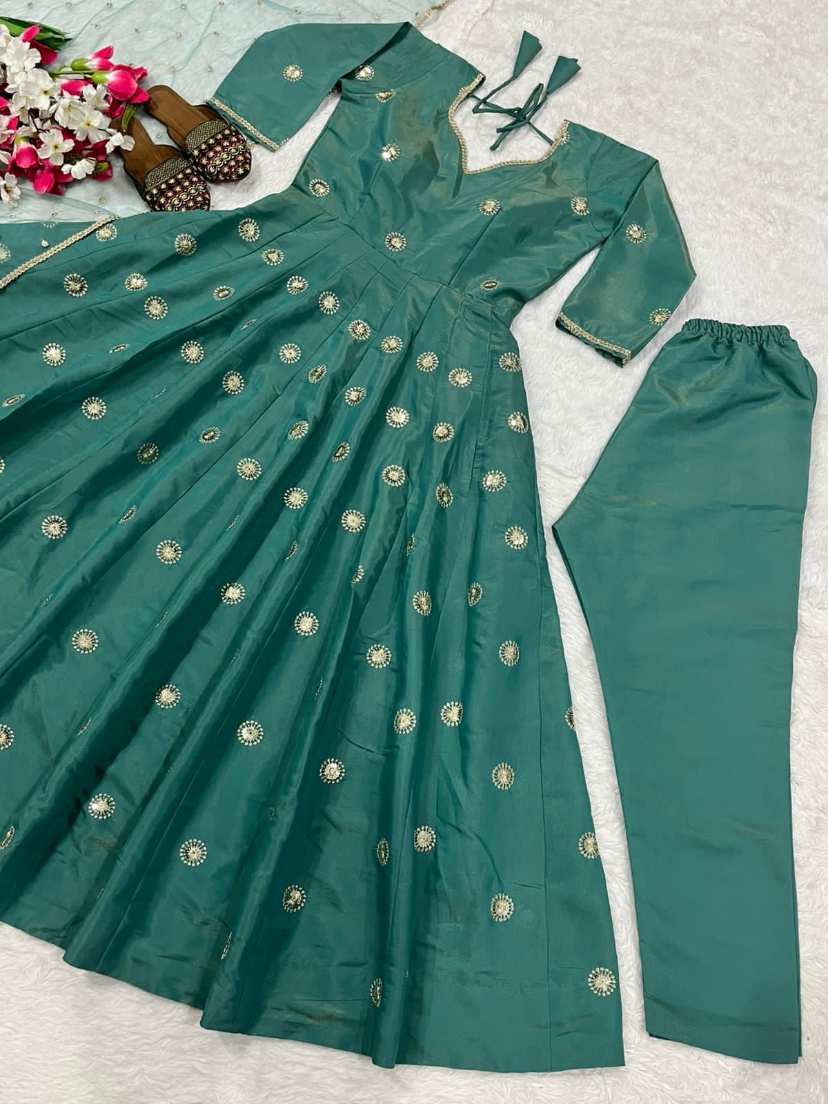 Fancy Green Simmer Silk Embroidery Anarkali Suit