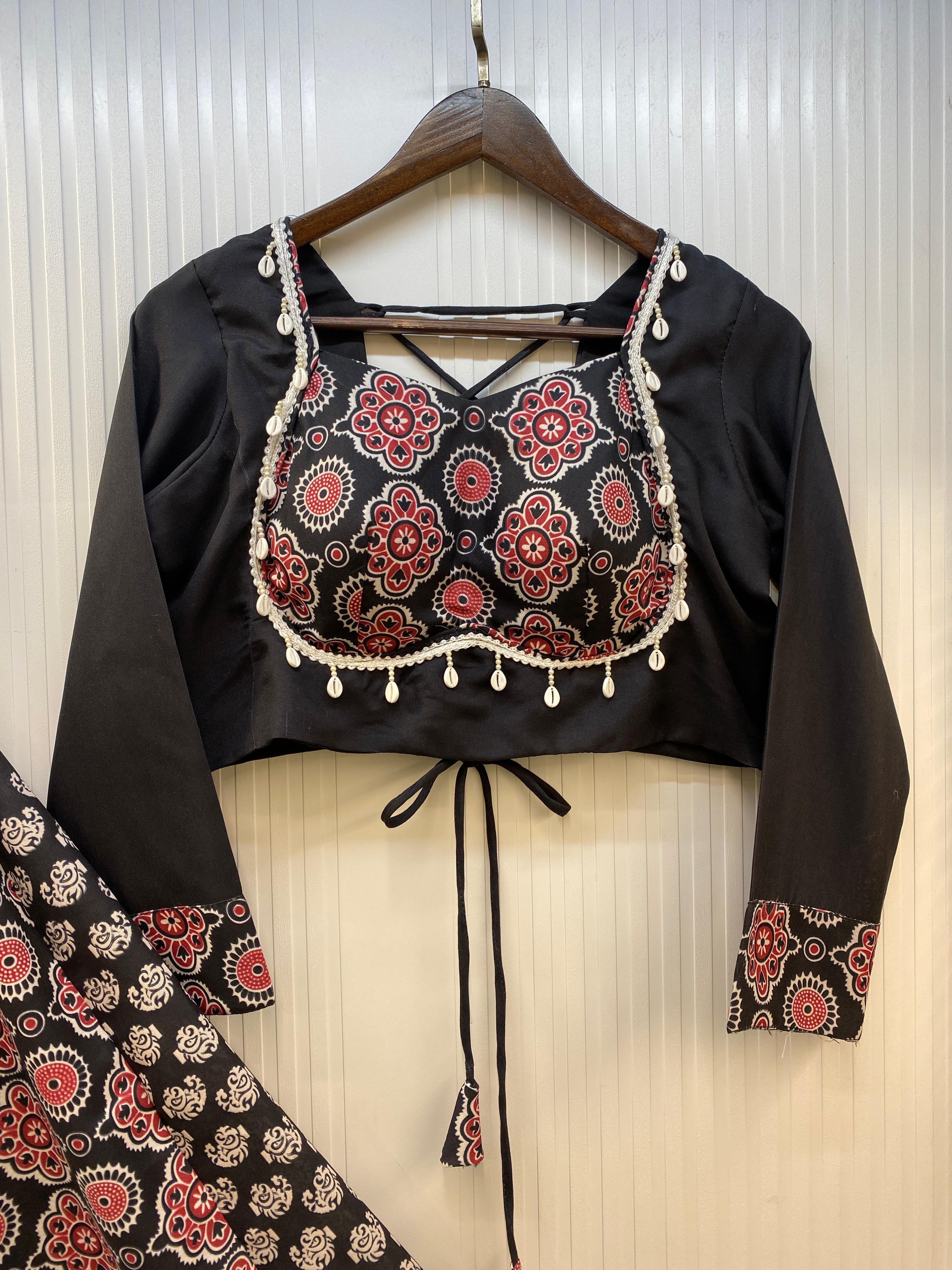 Lovely Black Rayon Printed Work Lehenga Choli