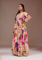 Alluring Multicolor Chinon Silk Embroidery Work Gown