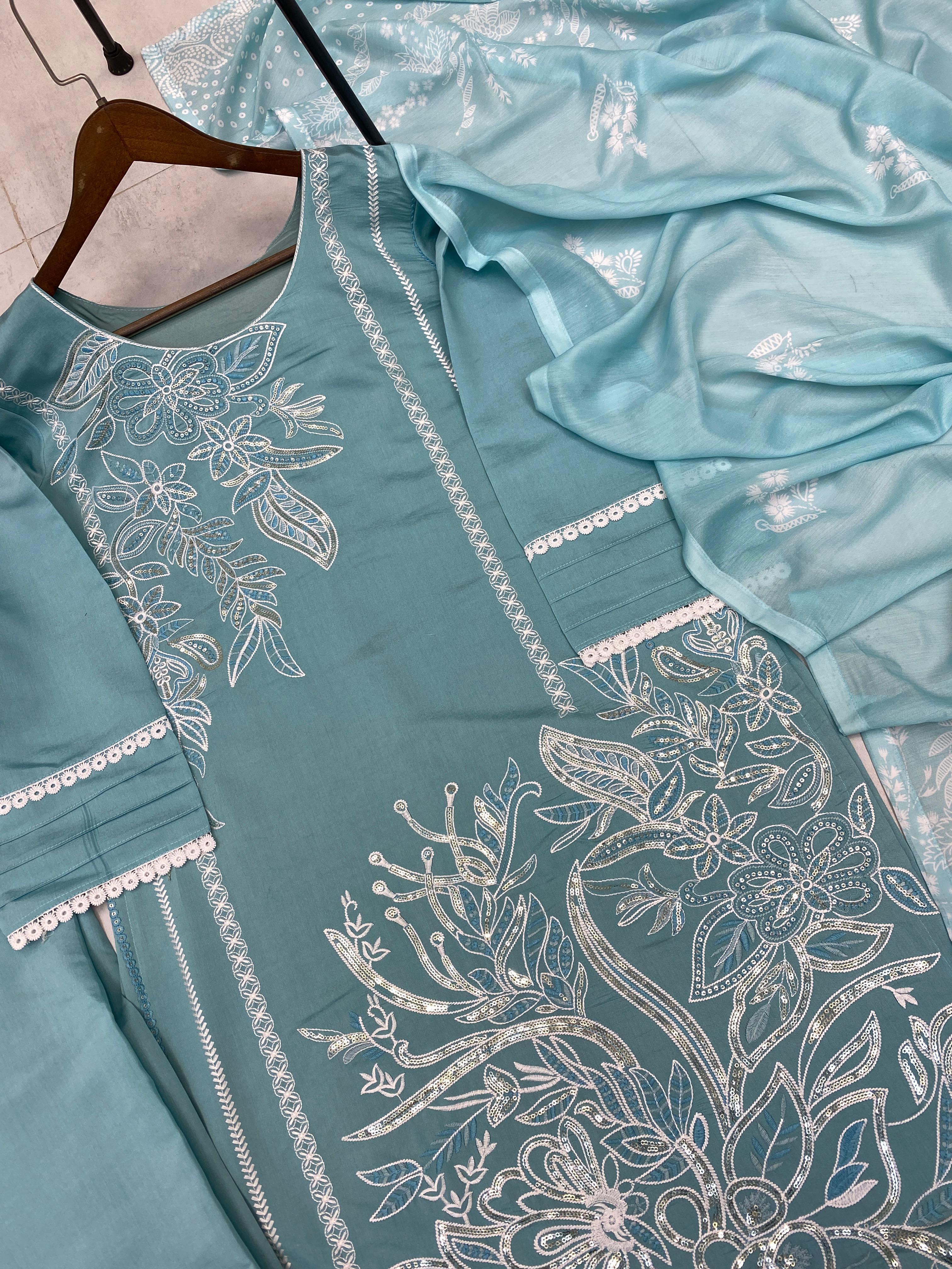 Ravishing Sky Blue Roman Silk Sequence Work Straight Salwar Suit