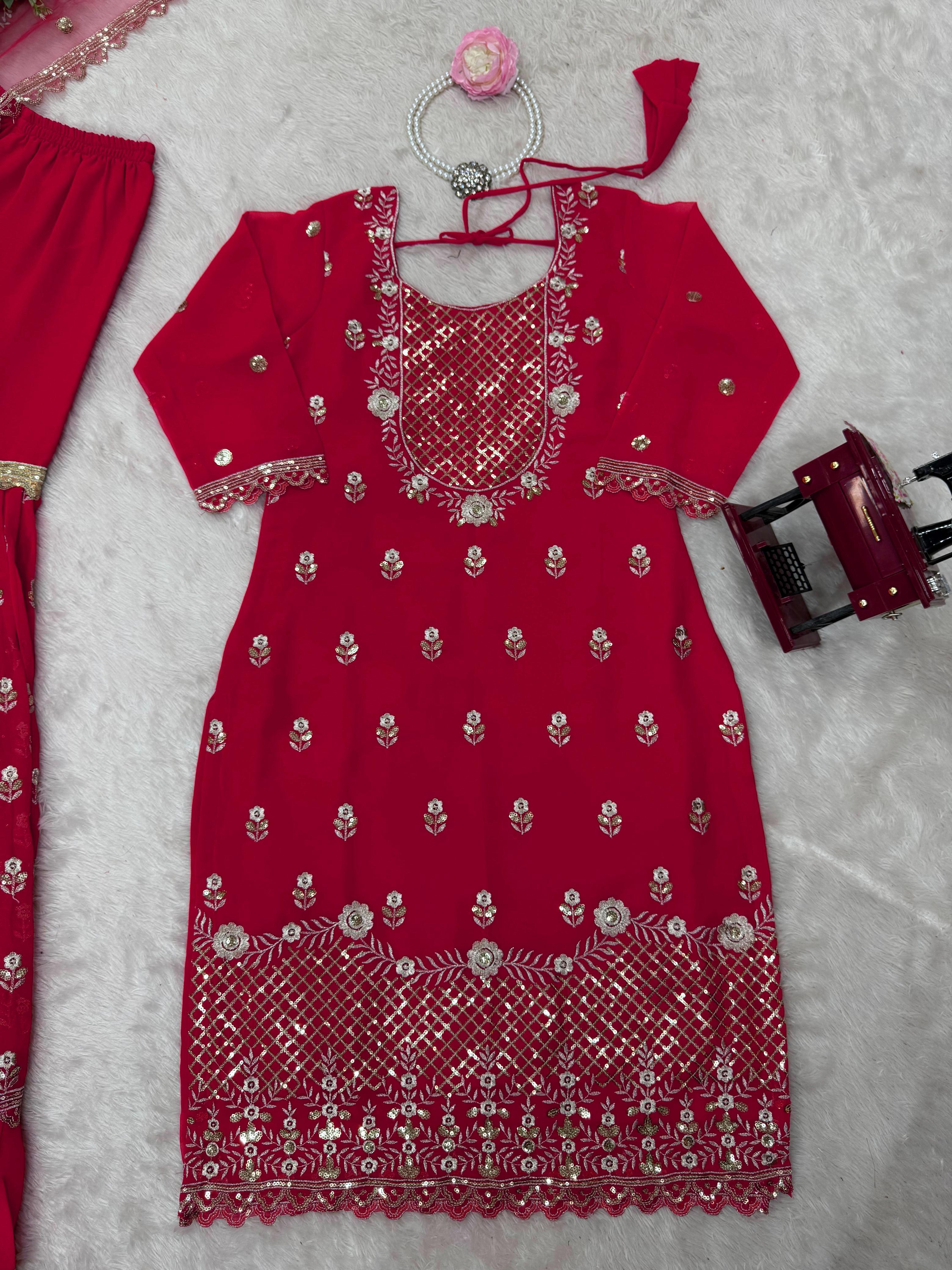 Daisy Red Georgette Thread Work Sharara Suit