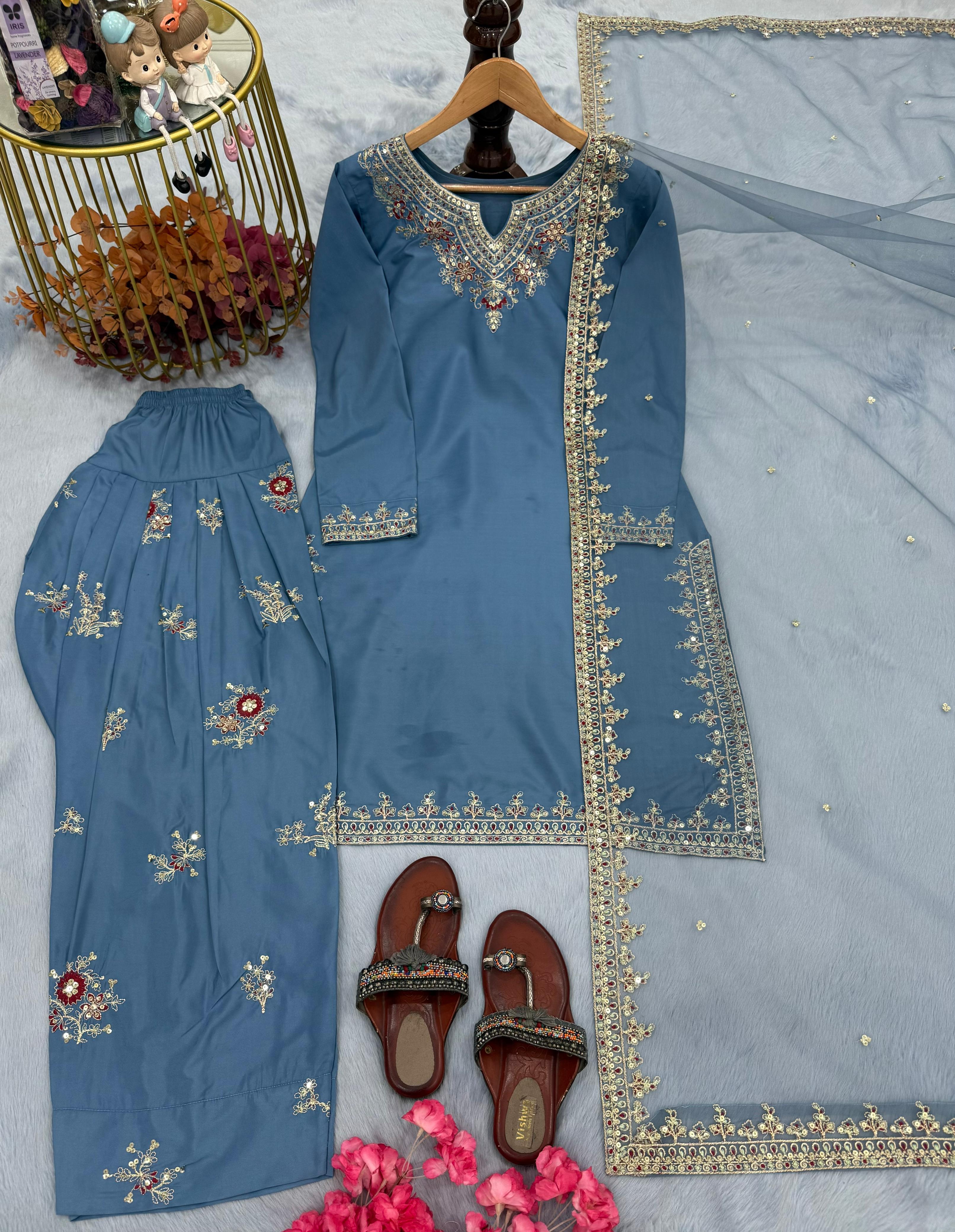 Glorious Blue Crepe Sequence Work Palazzo Suit