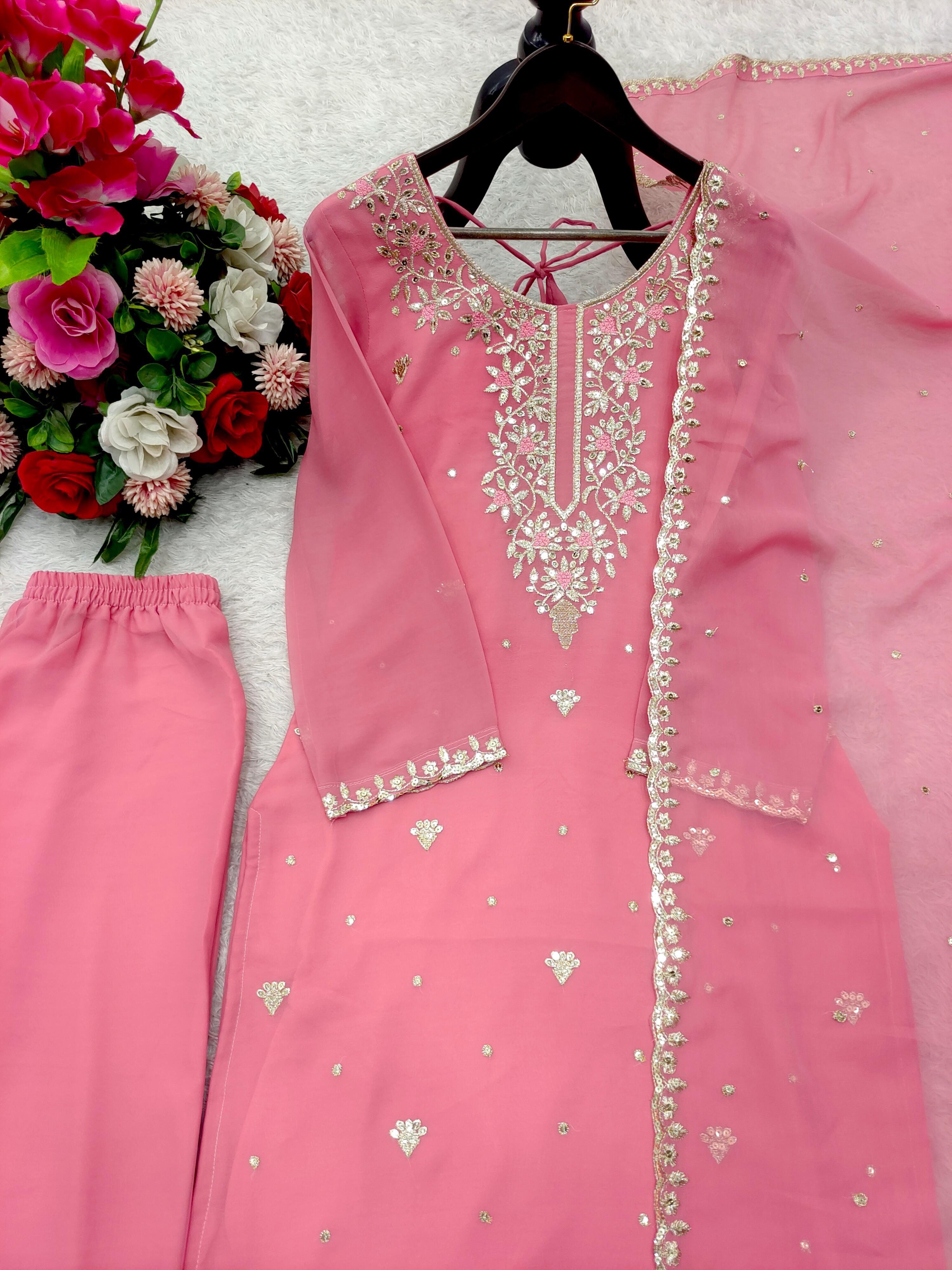 Trendy Pink Georgette Sequence Work Palazzo Suit