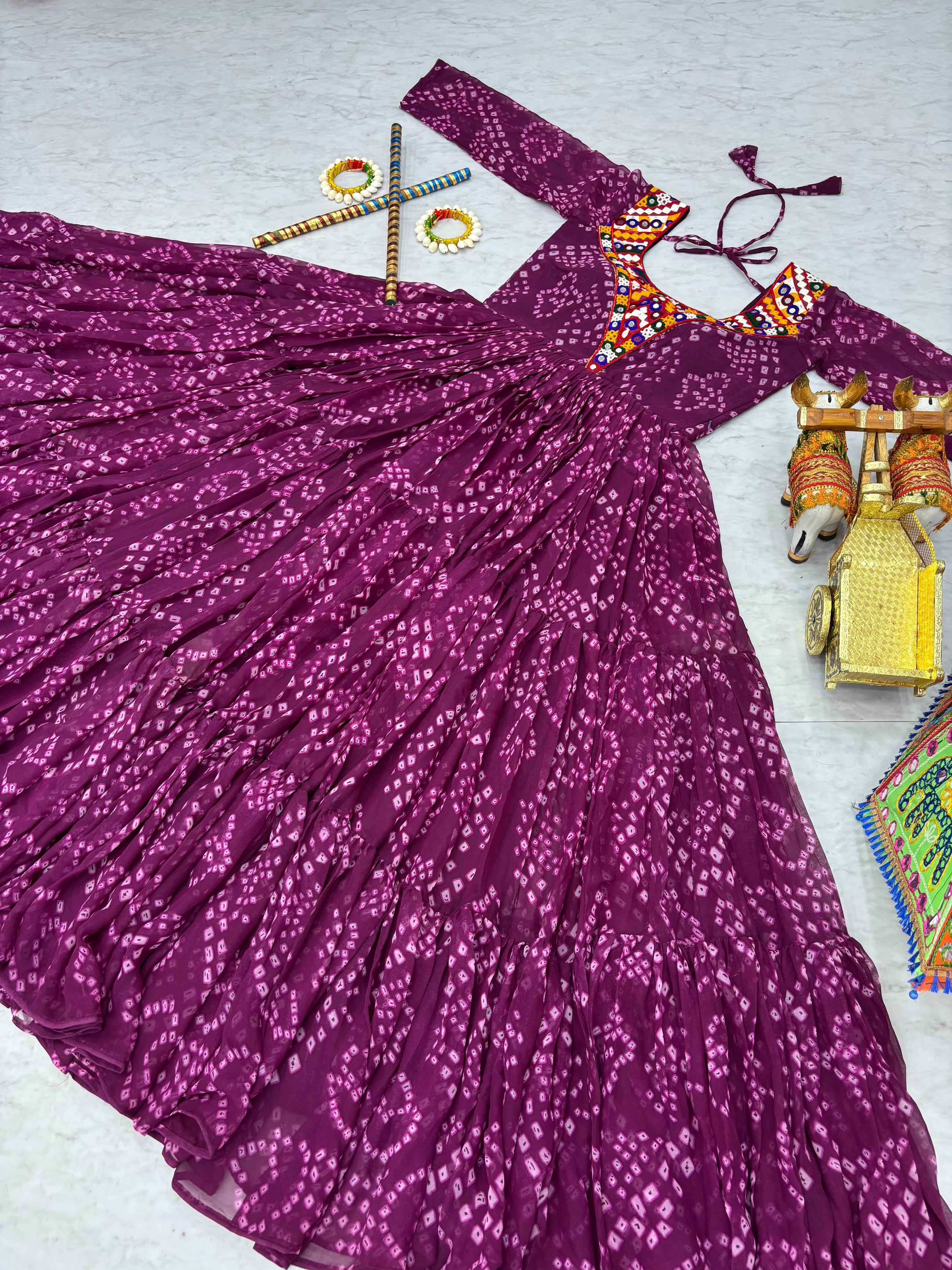 Lovely Purple Georgette Gamthi Work Gown For Navratri