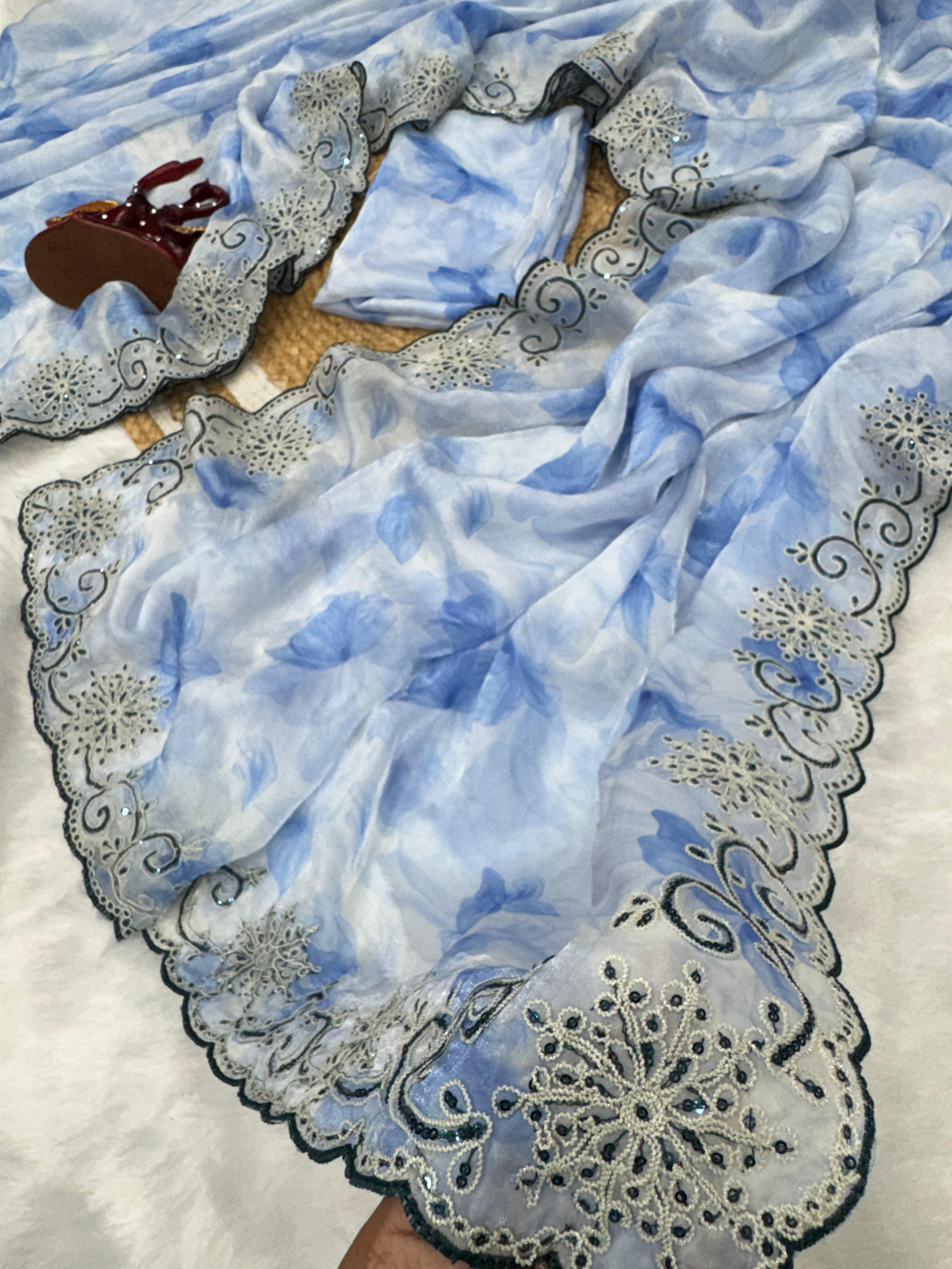 Ravishing Sky Blue Color Embroidery Work Silk Saree