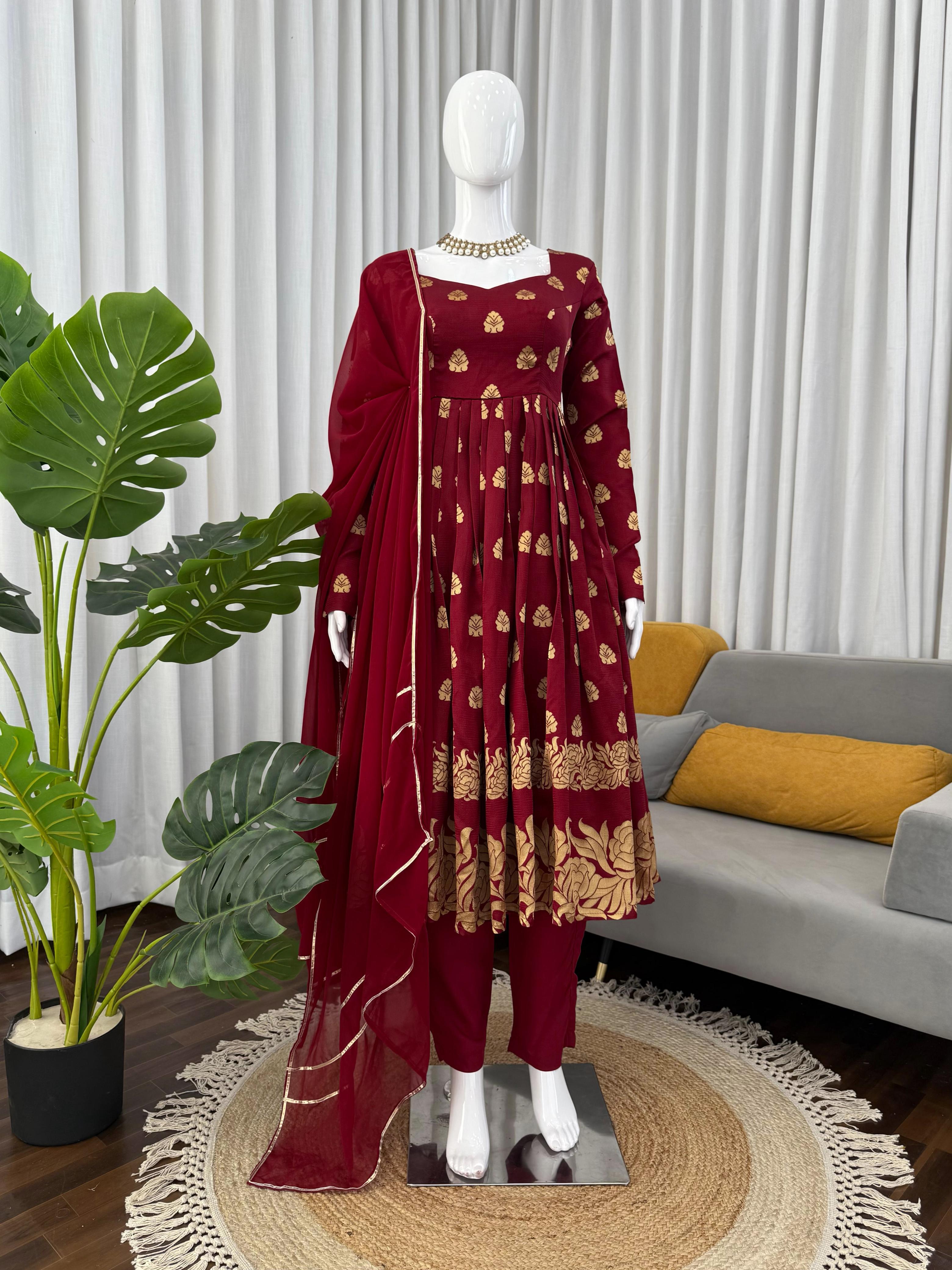 Lovely Maroon Jacquard Weaving Anarkali Suit
