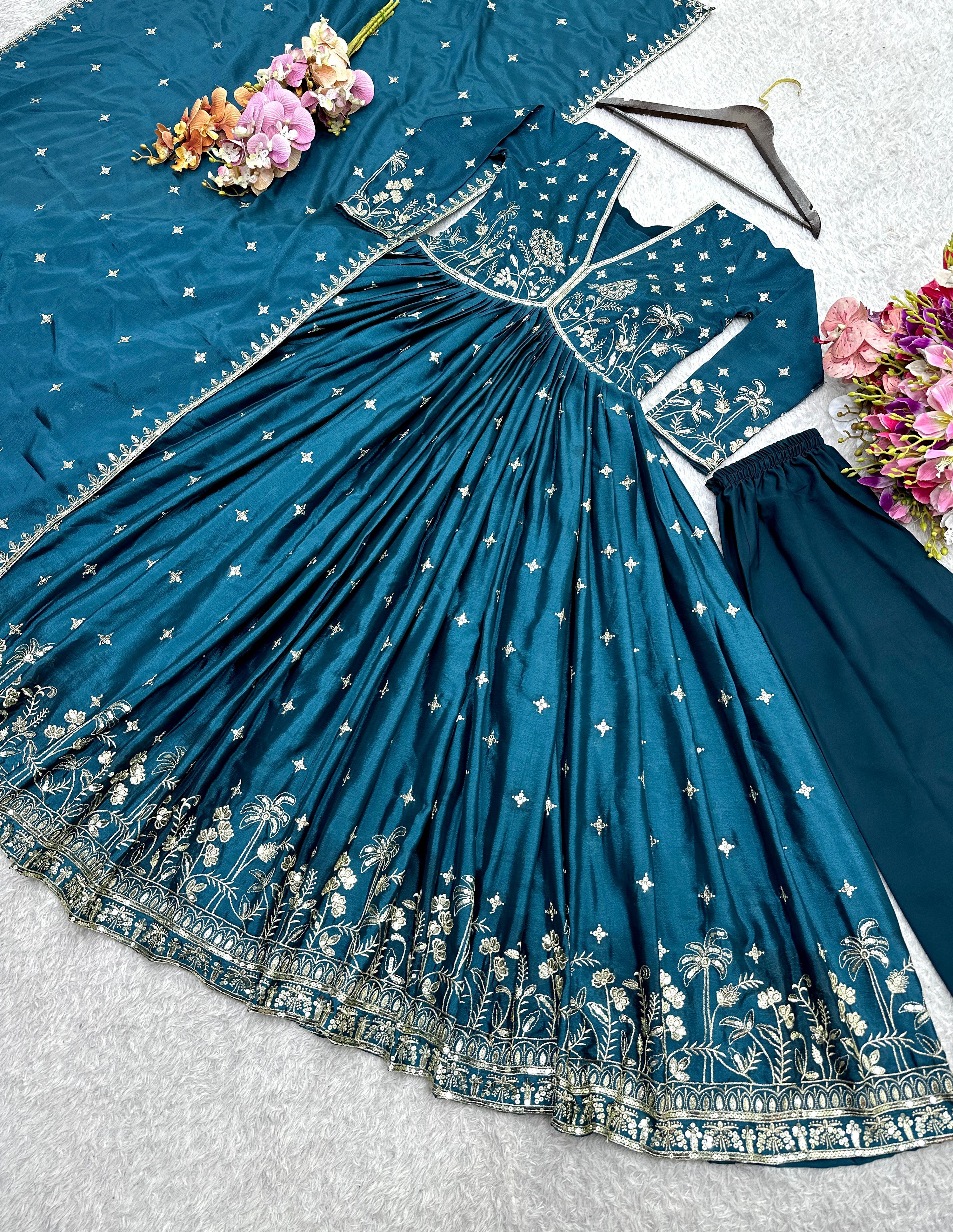 Trendy Teal Blue Dola Silk Embroidery Work Gown