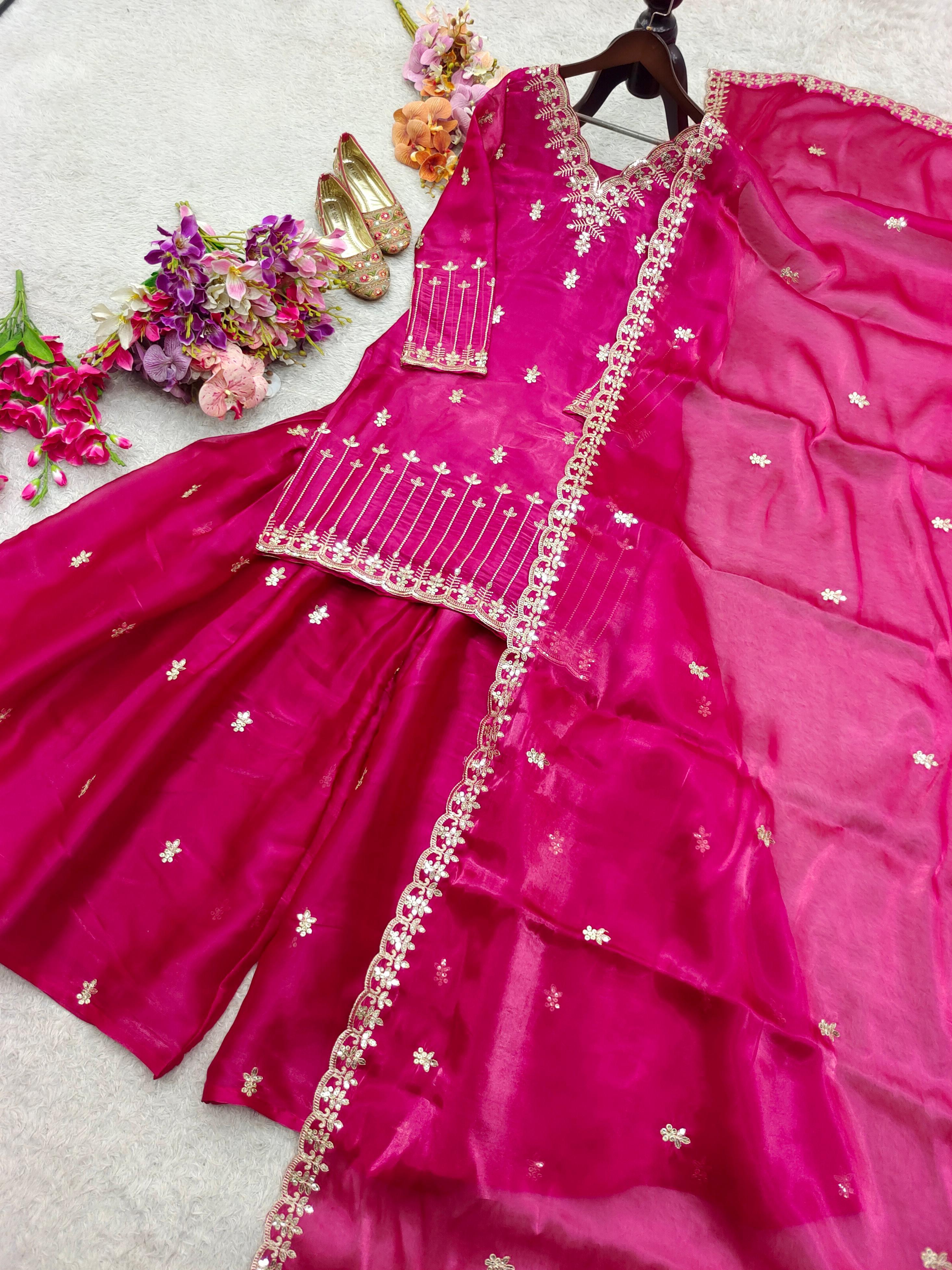 Stylish Pink Color Embroidery Work Sharara Suit