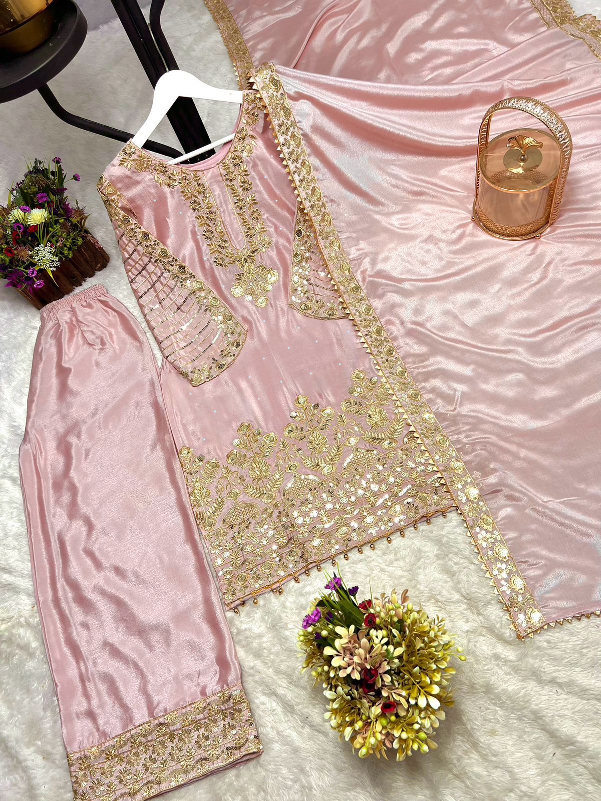 Fancy Pink Chinon Silk Sequence Work Palazzo Suit