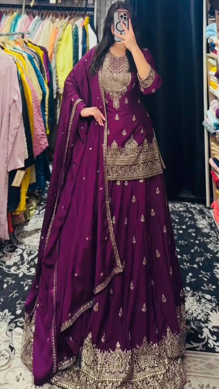 Pretty Mustard Chinon Silk Embroidery Sequence Work Top With Lehenga