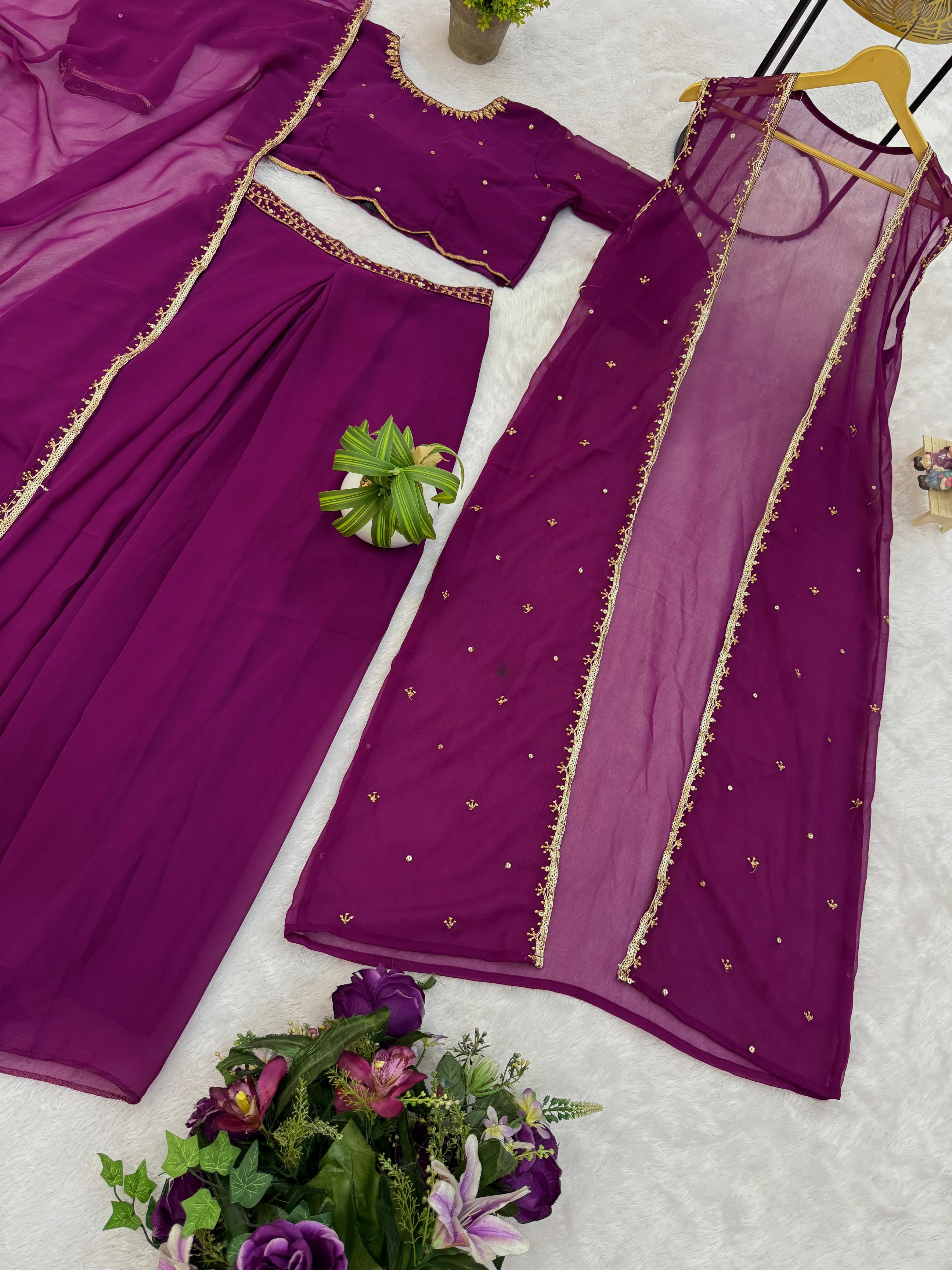 Glorious Purple Georgette Embroidery Koti With Lehenga Set