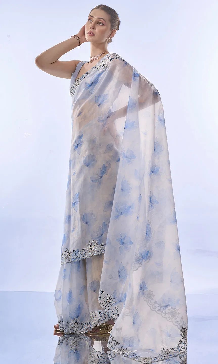 Ravishing Sky Blue Color Embroidery Work Silk Saree