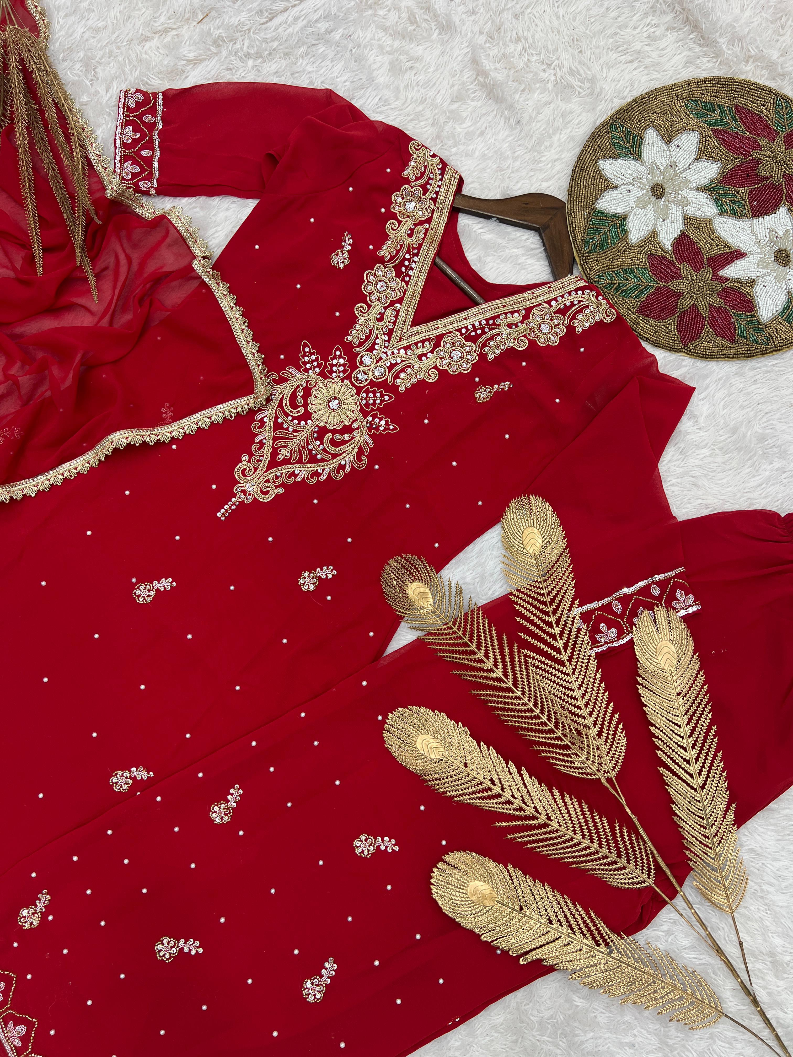 Lovely Red Georgette Embroidery Palazzo Suit