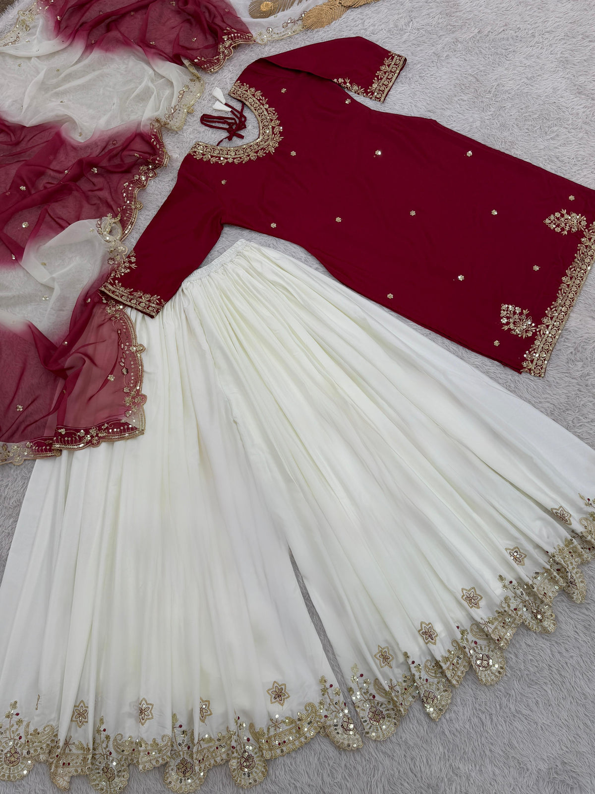 Trendy Red Crepe Sequence Work Sharara Suit