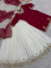 Trendy Red Crepe Sequence Work Sharara Suit
