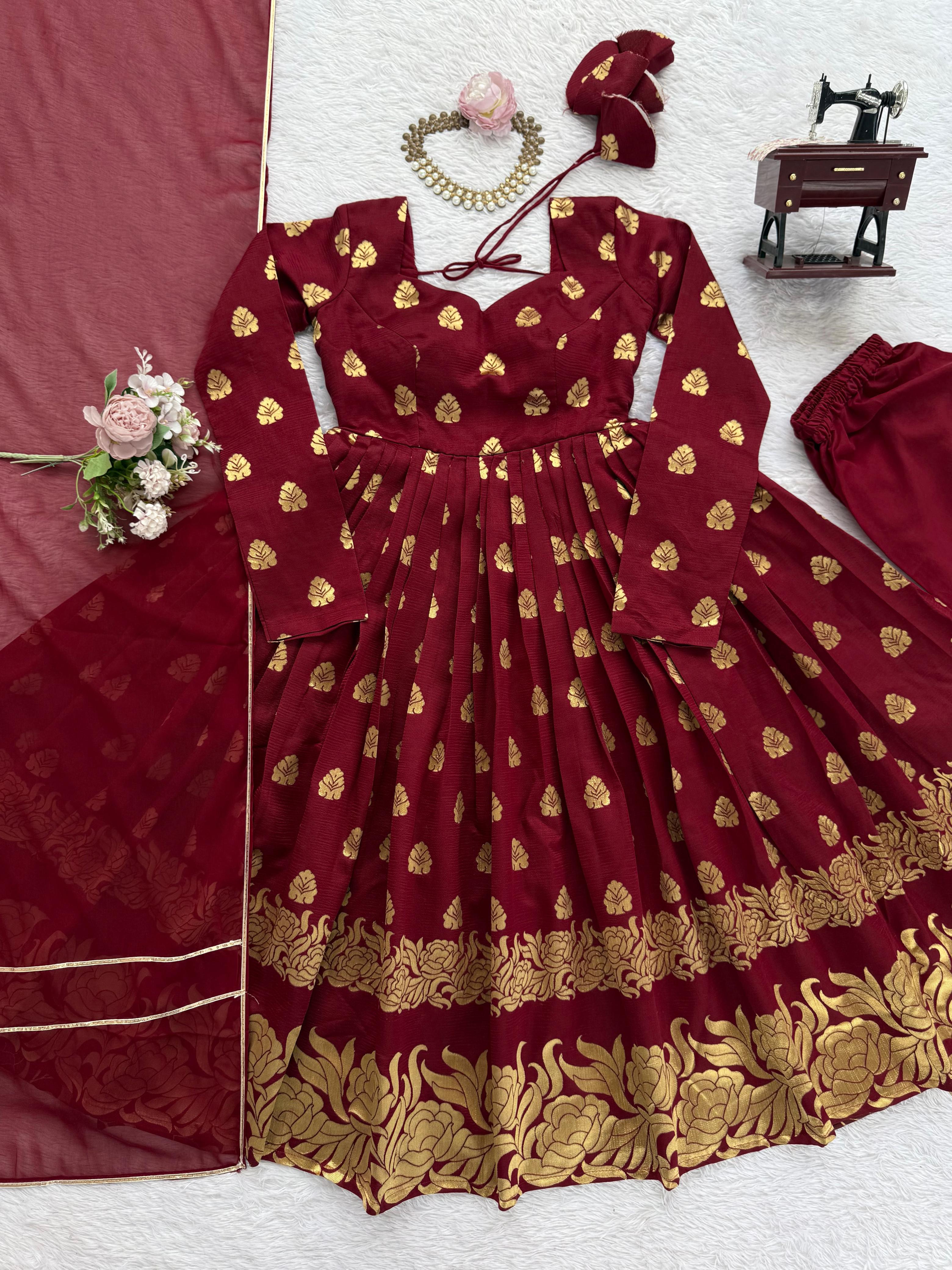 Lovely Maroon Jacquard Weaving Anarkali Suit