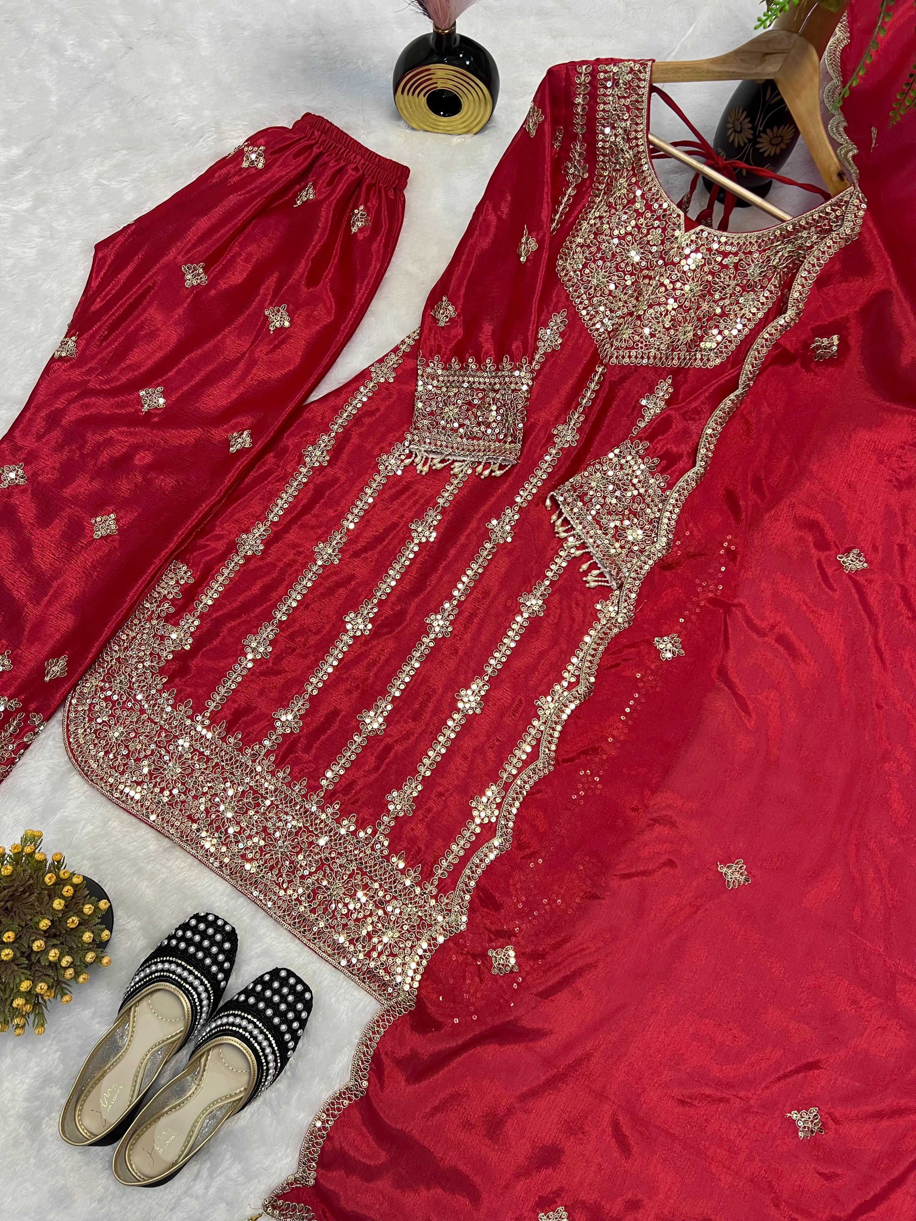Gorgeous Red Chinon Silk Sequence Work Palazzo Suit