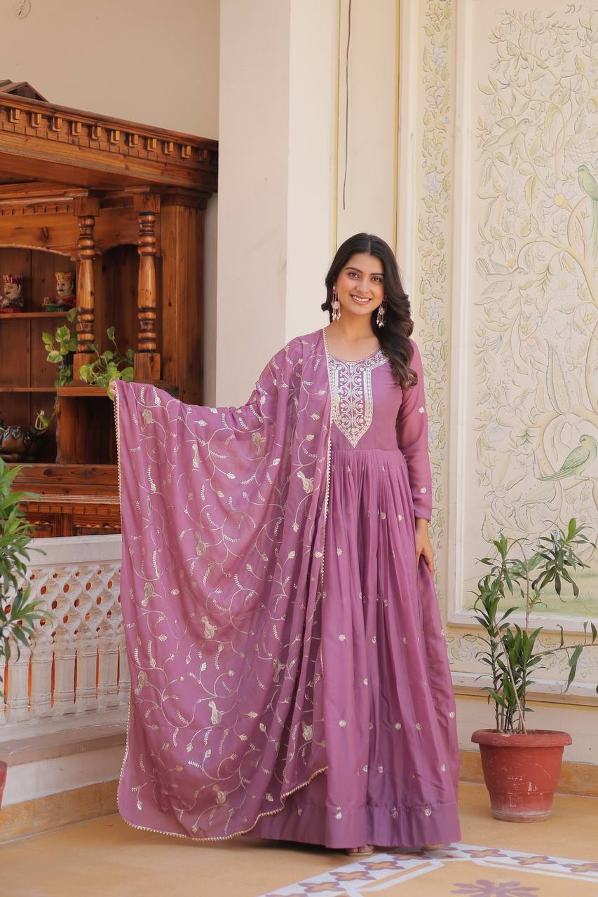 Buy New Star Georgette Dusty Pink color Long Gown & Duppatta