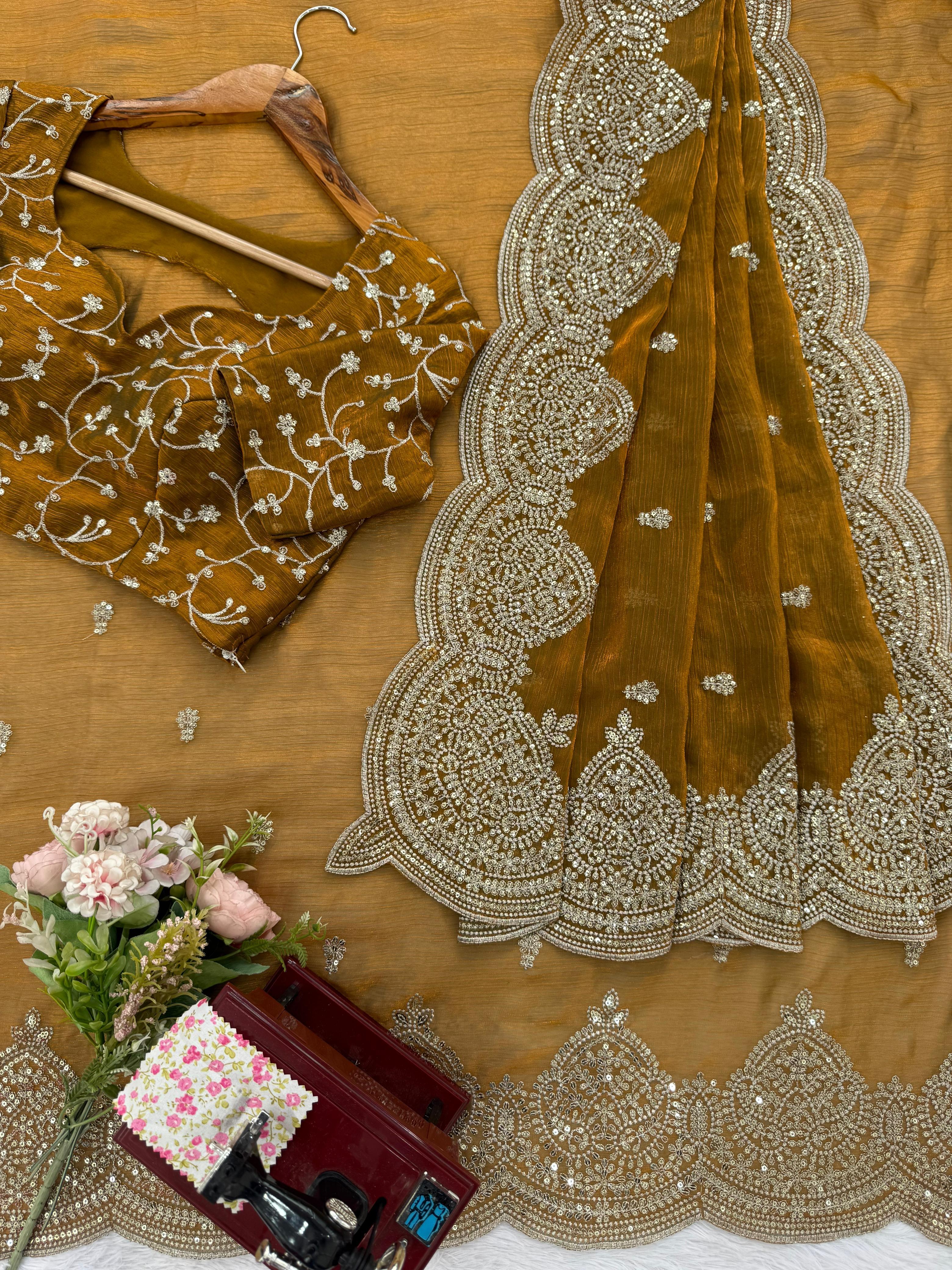Lovely Gold Chiffon Thread Work Saree