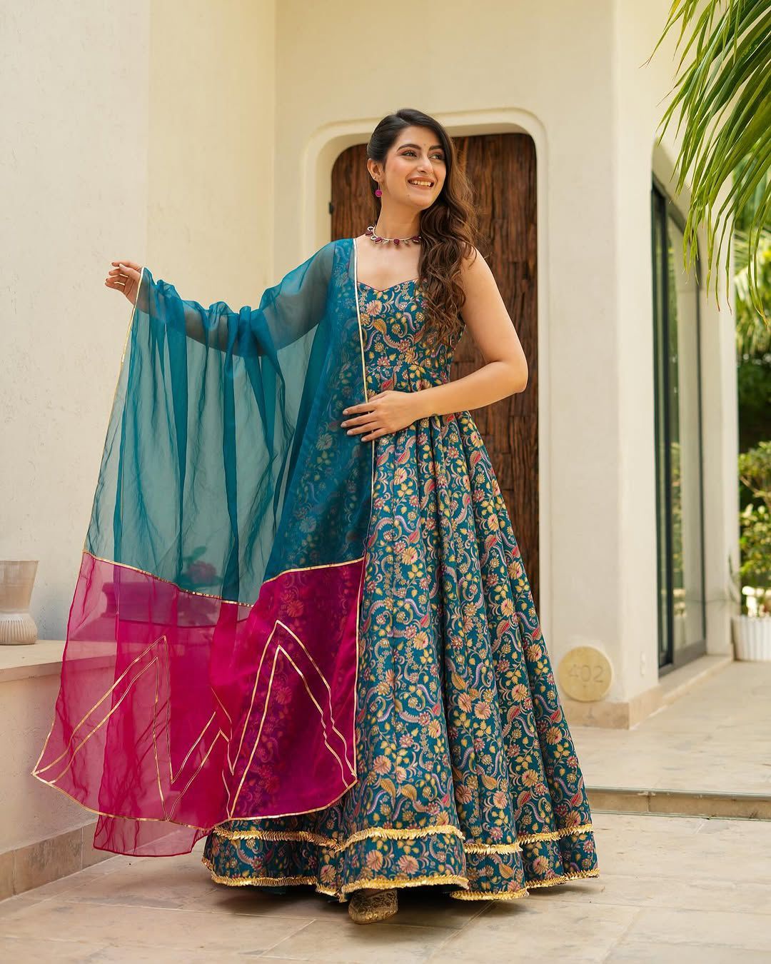 Gorgeous Teal Blue Organza Digital Printed Gown