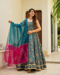 Gorgeous Teal Blue Organza Digital Printed Gown