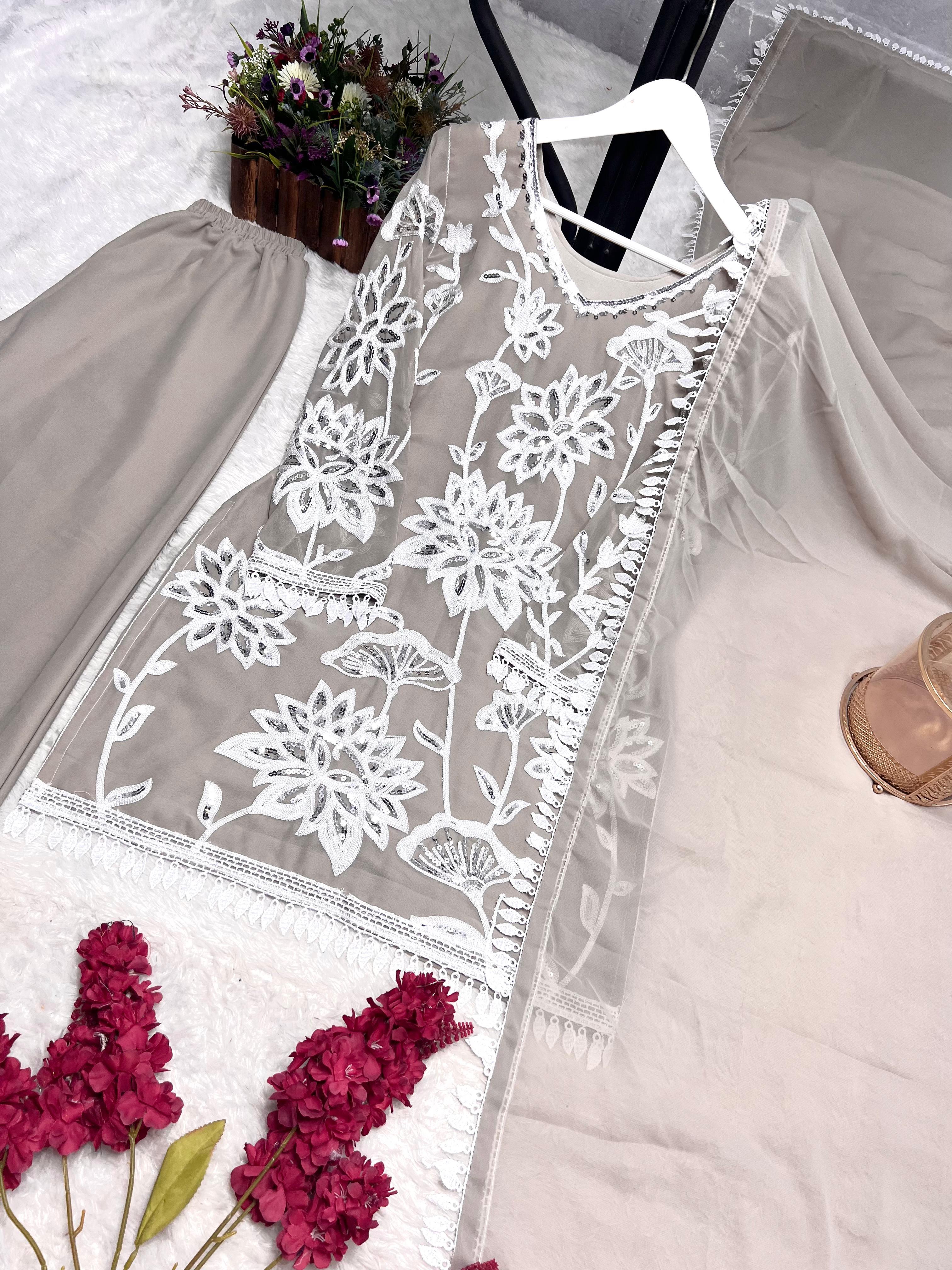 Trendy Sky Blue Georgette Embroidery Palazzo Suit