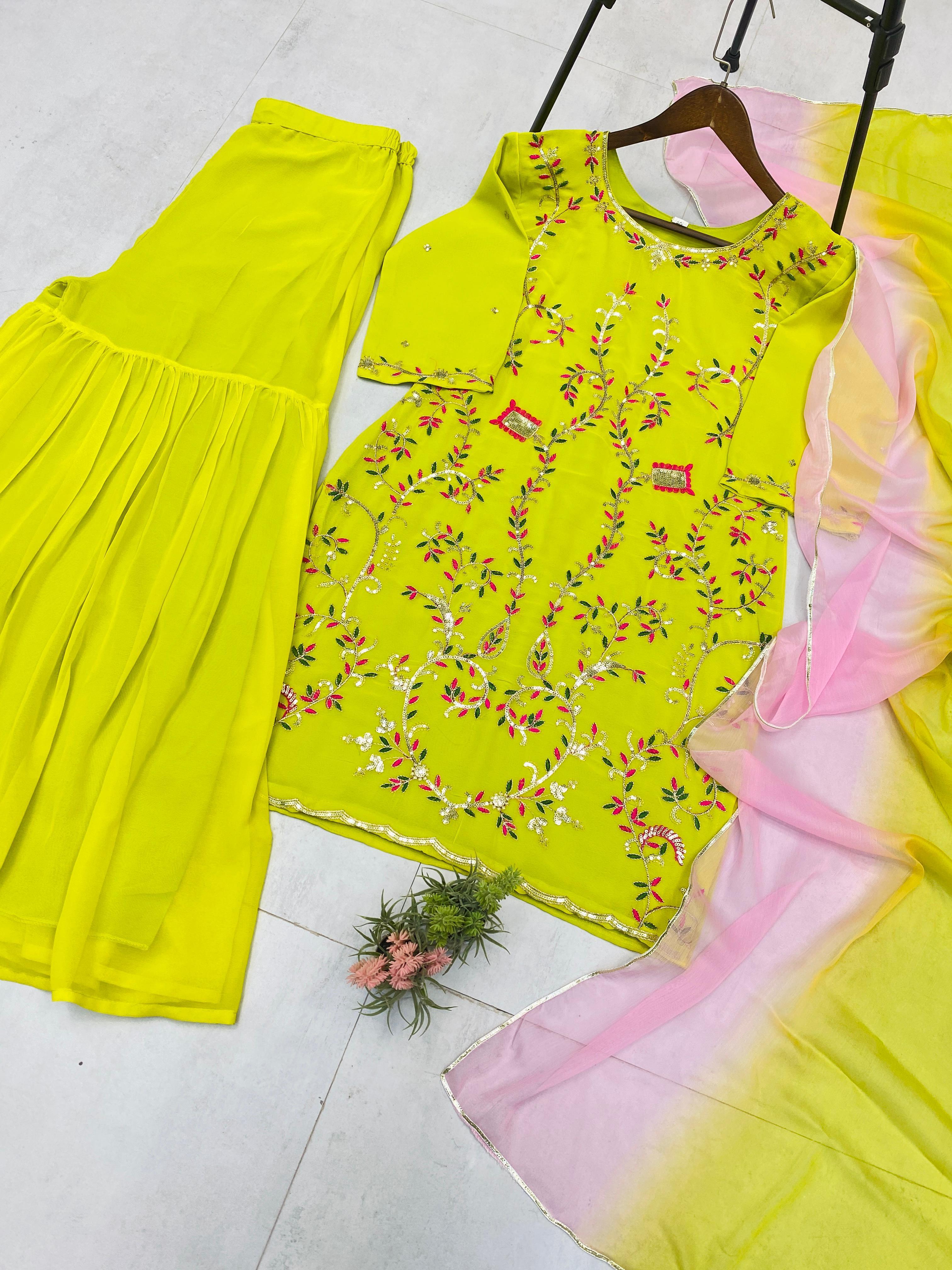 Graceful Lemon Color Sequence Work Georgette Sharara Suit
