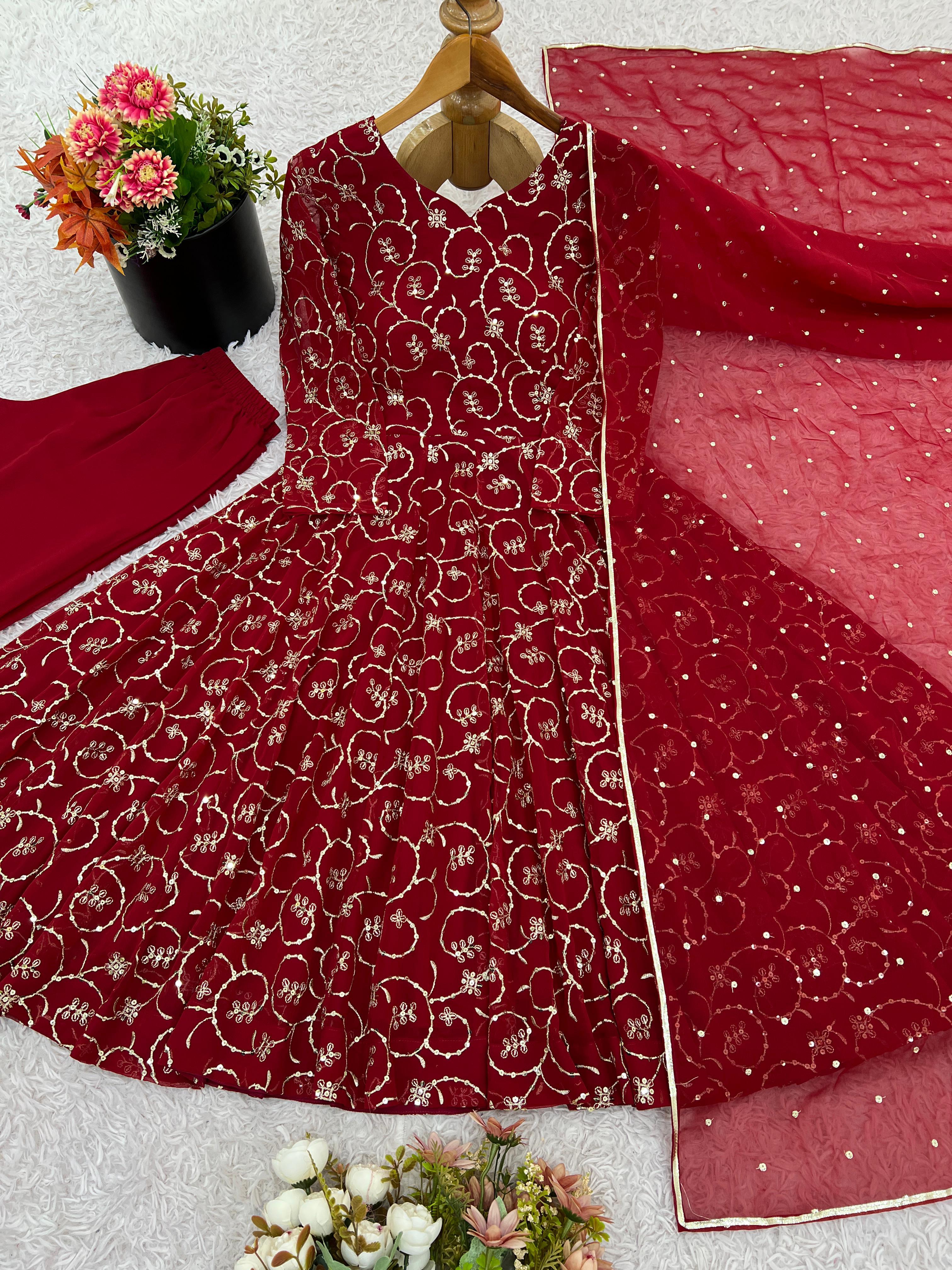 Ravishing Red Georgette Sequence Work Gown