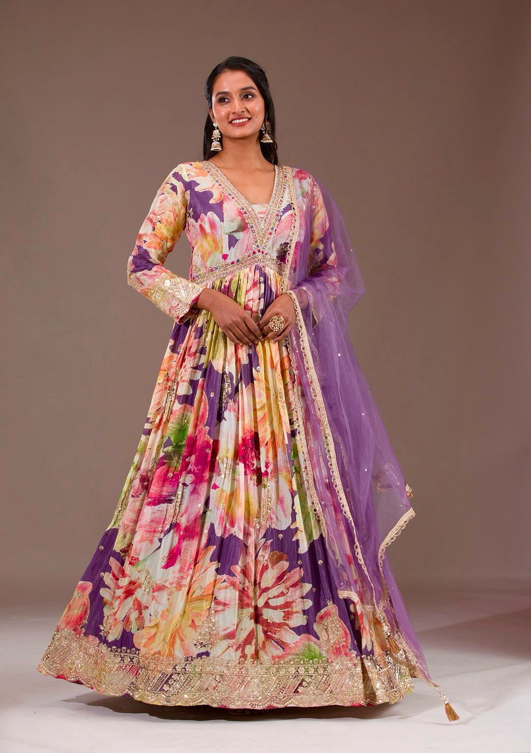 Alluring Multicolor Chinon Silk Embroidery Work Gown