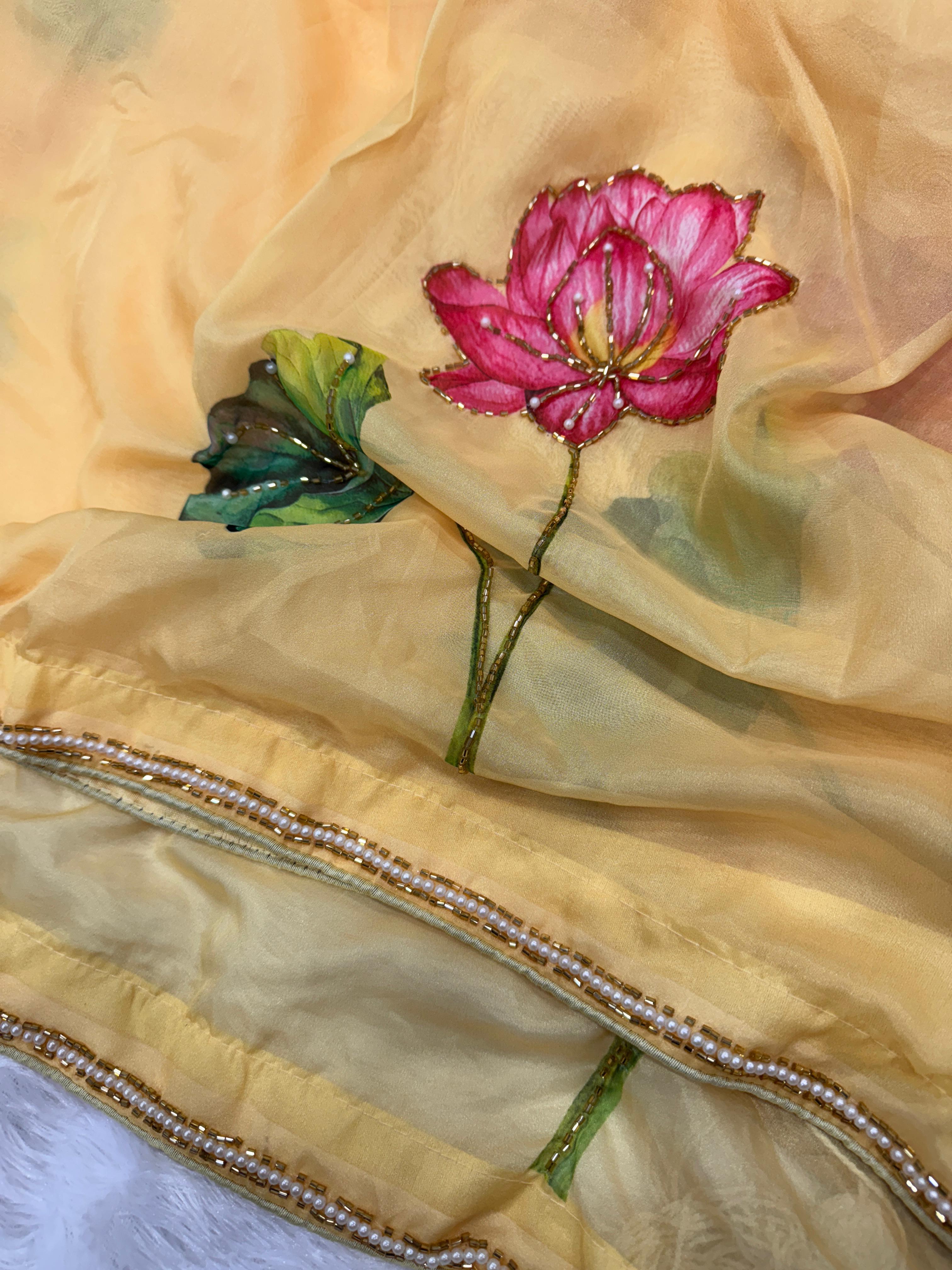 Party Wear Yellow Floral Printed Silk Saree